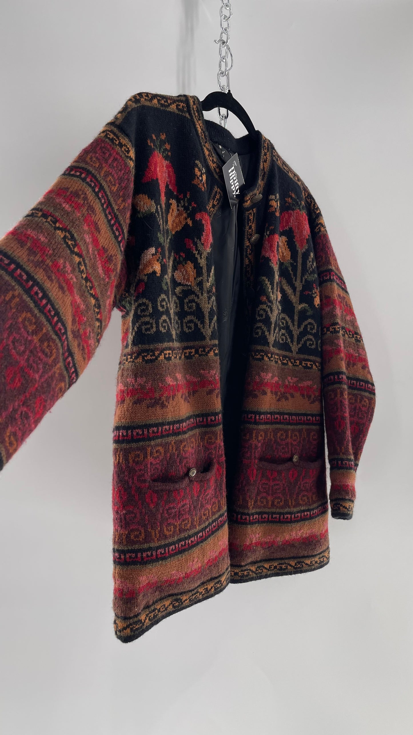 Vintage Iceland Design Wool Jacket with Brass Embossed Buttons and Folk Floral Patterning(C)(Medium)
