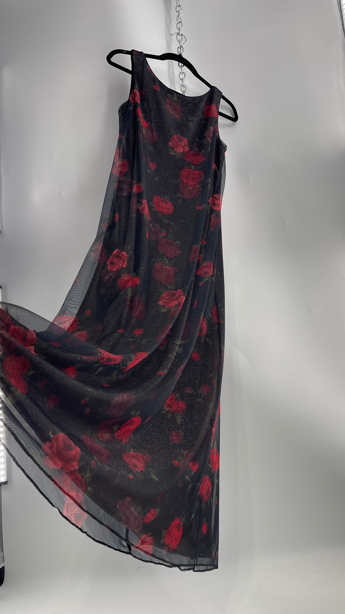 Vintage TEDDI EVENING Dress with Red Rose Layer Over Glitter Graphic and Black Base Layer (10)