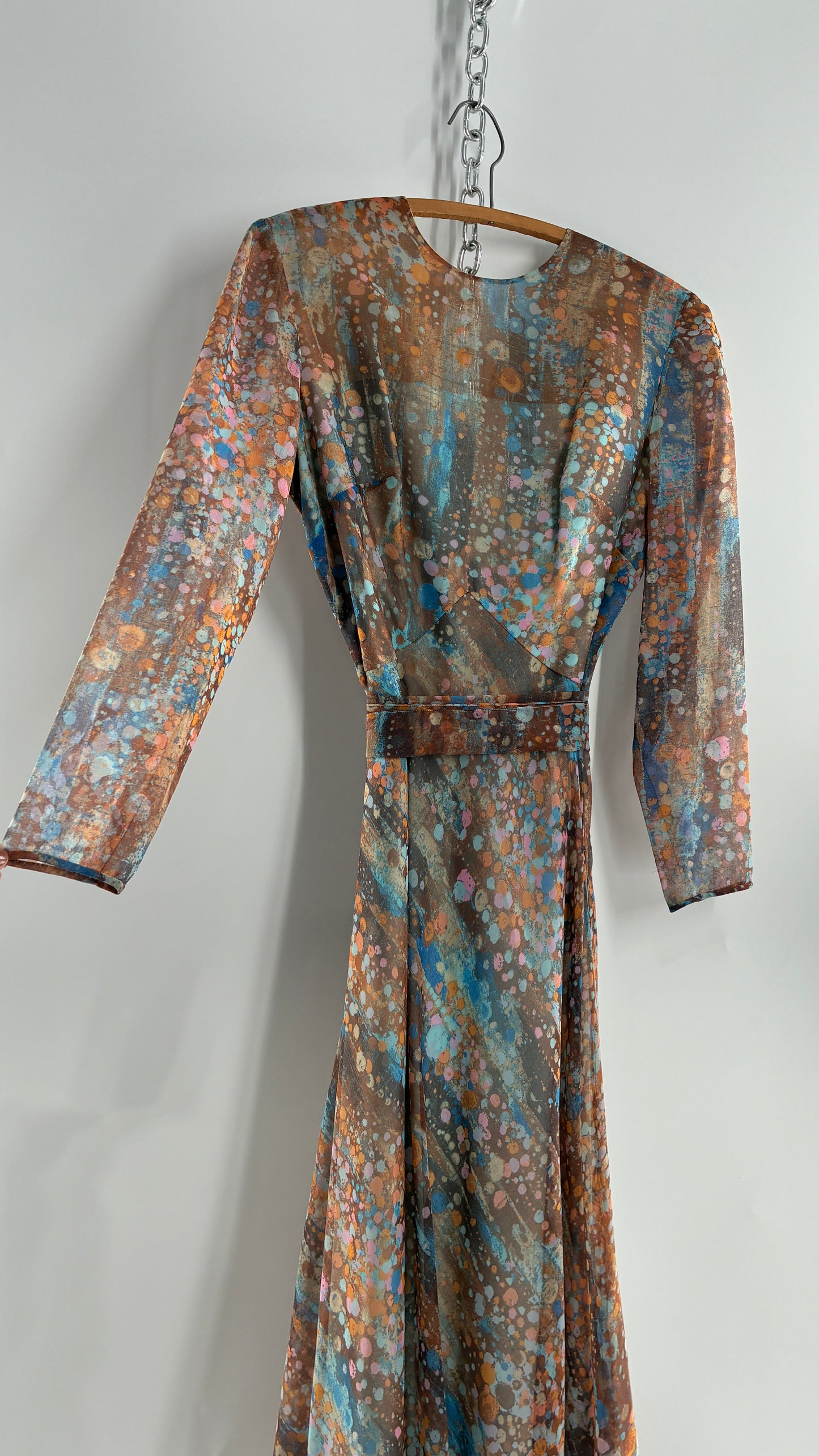 Vintage 1970s HELEN BASS Brown, Orange, Blue Voluminous Maxi Dress (S)