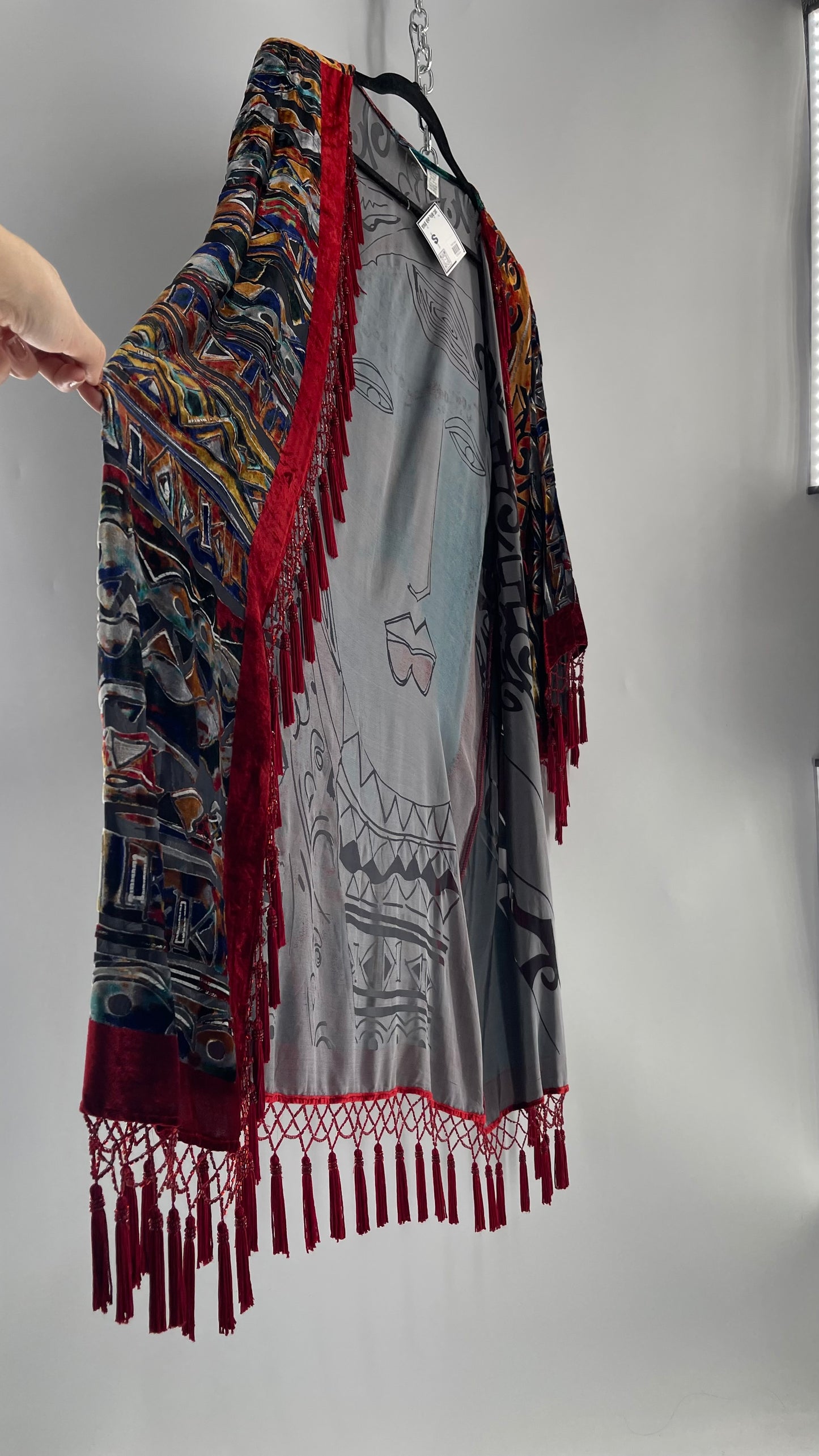 Vintage Burnout Buddhist Motif Velvet/Velour Beaded Fringe Duster Coat/Kimono with Tassel Sleeves and Hems (M/L)