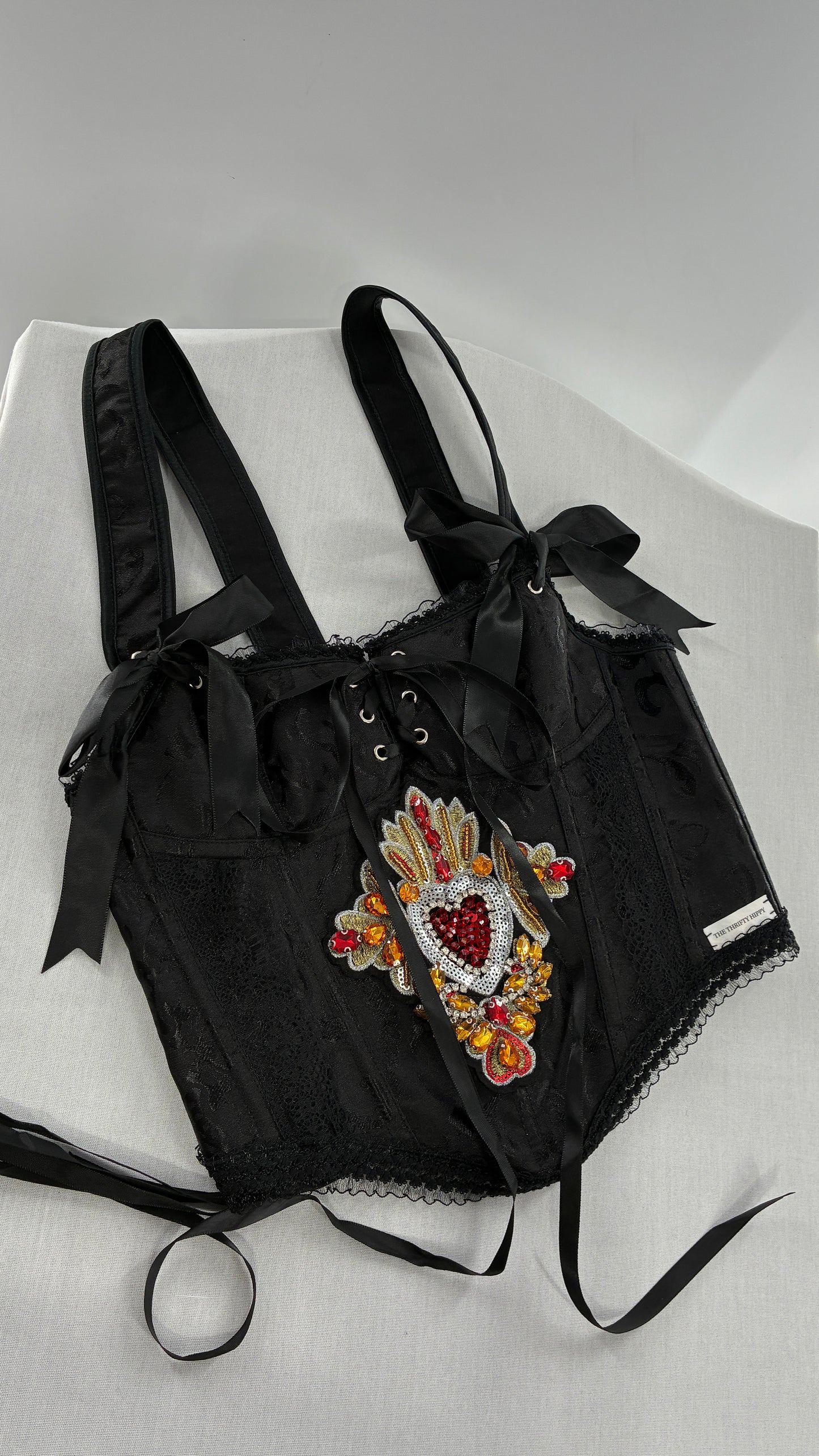 Custom Black Jacquard Corset, Handmade with Heart Appliqué, Bows, Embroidery, Gemstones, Lace and Ruffles (S/M)