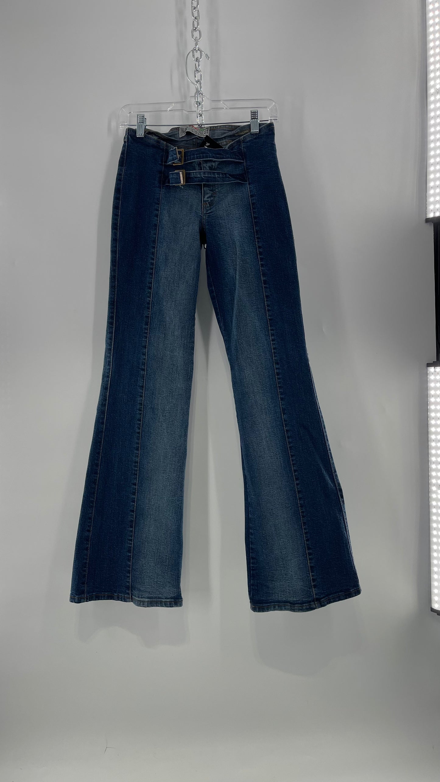 Vintage NewMax Two Toned Paneled Brazilian Jeans with Buckle Jean Strap Closure and Flared Hem (8)
