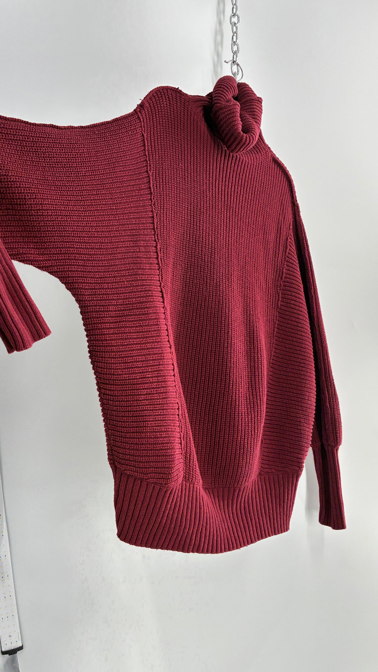 Free People Oversized Heavy Thick Knit Maroon Turtle Neck Sweater (Large)