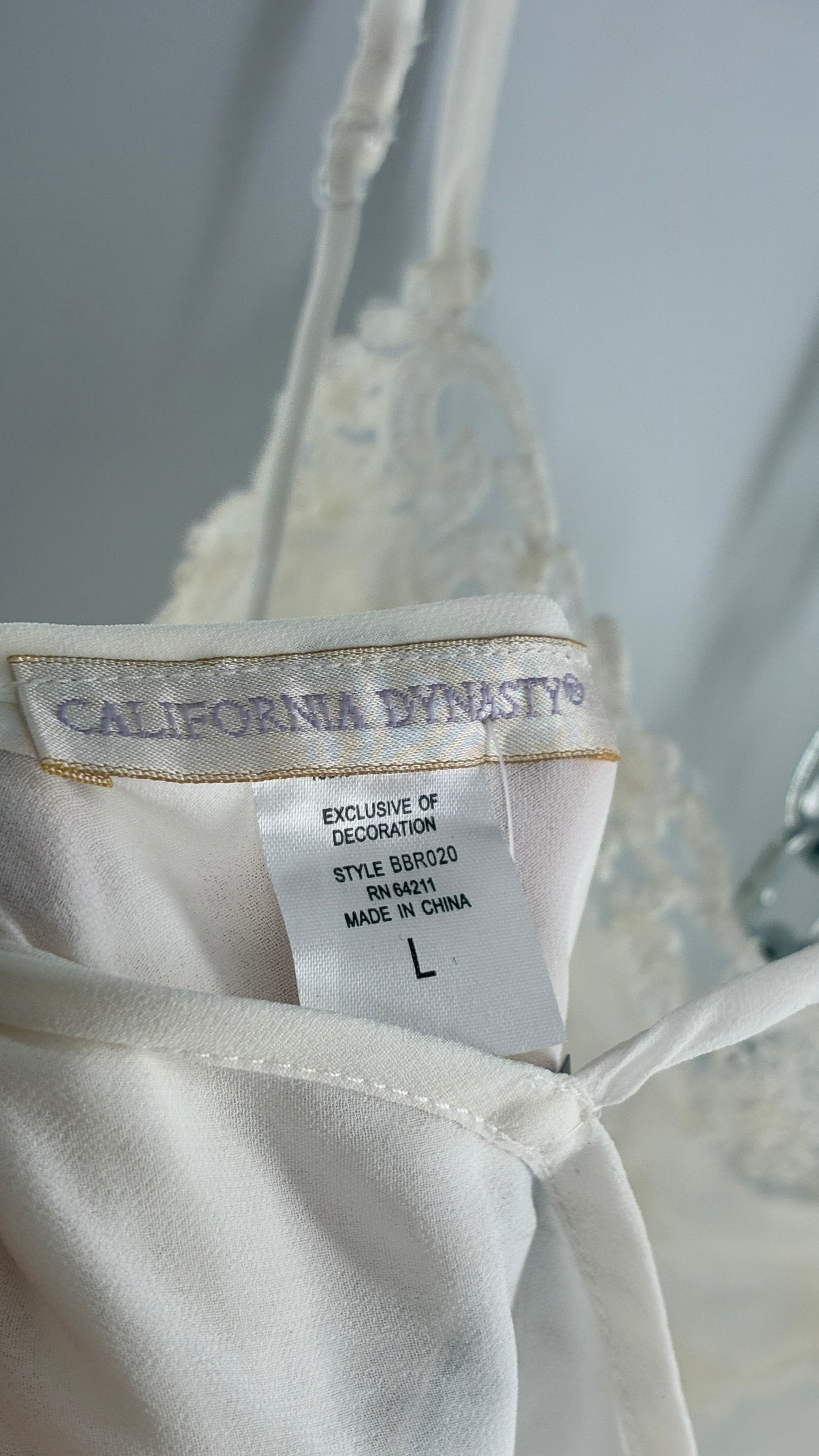 Vintage CALIFORNIA DYNASTY Ivory Maxi Slip Nightgown Dress with Sequin Neckline and Handkerchief Hem (Large)
