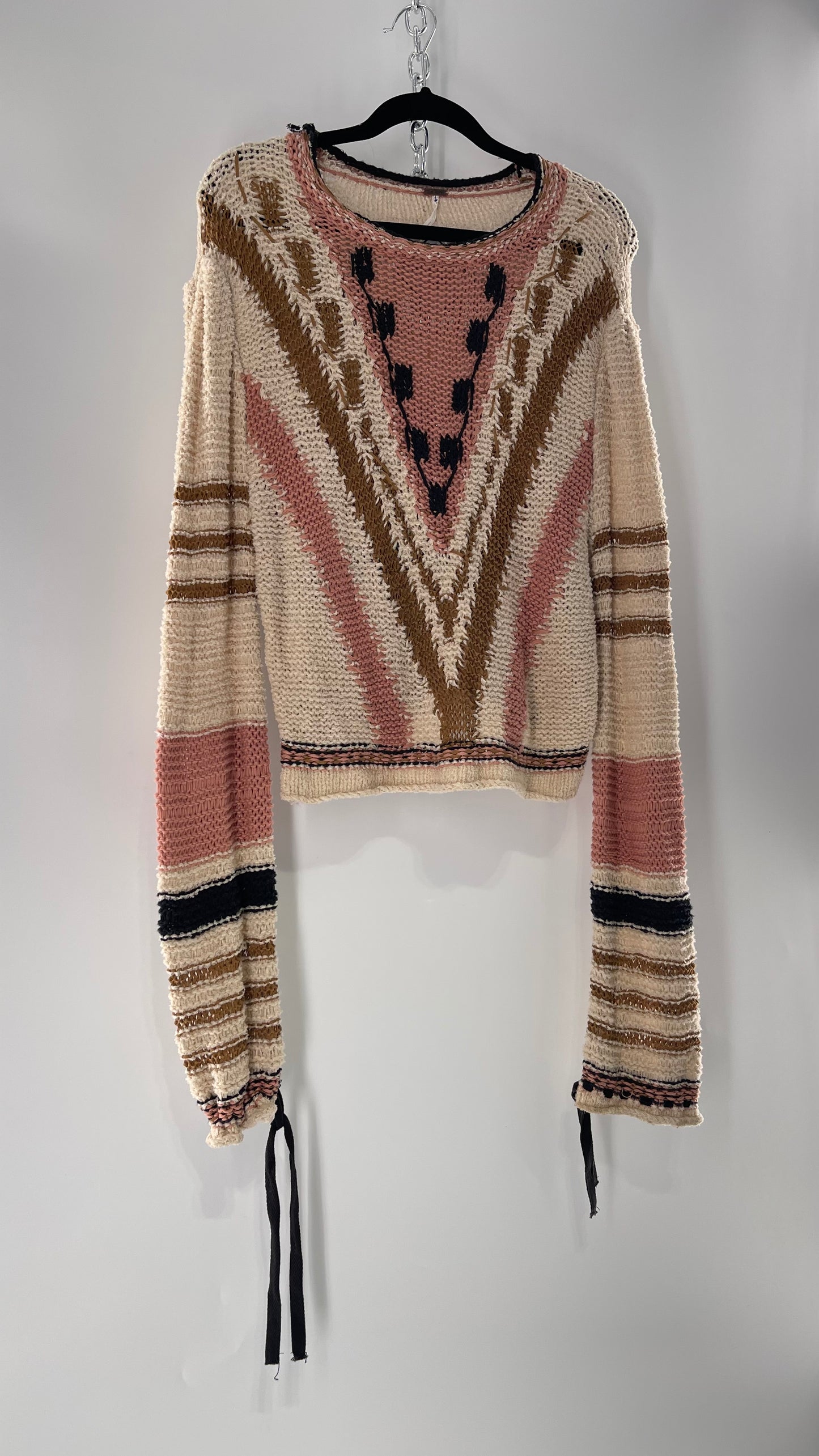 Free People Beige Slouchy Sweater with Dusty Pink, Tan and Black Striping Detail (Medium)