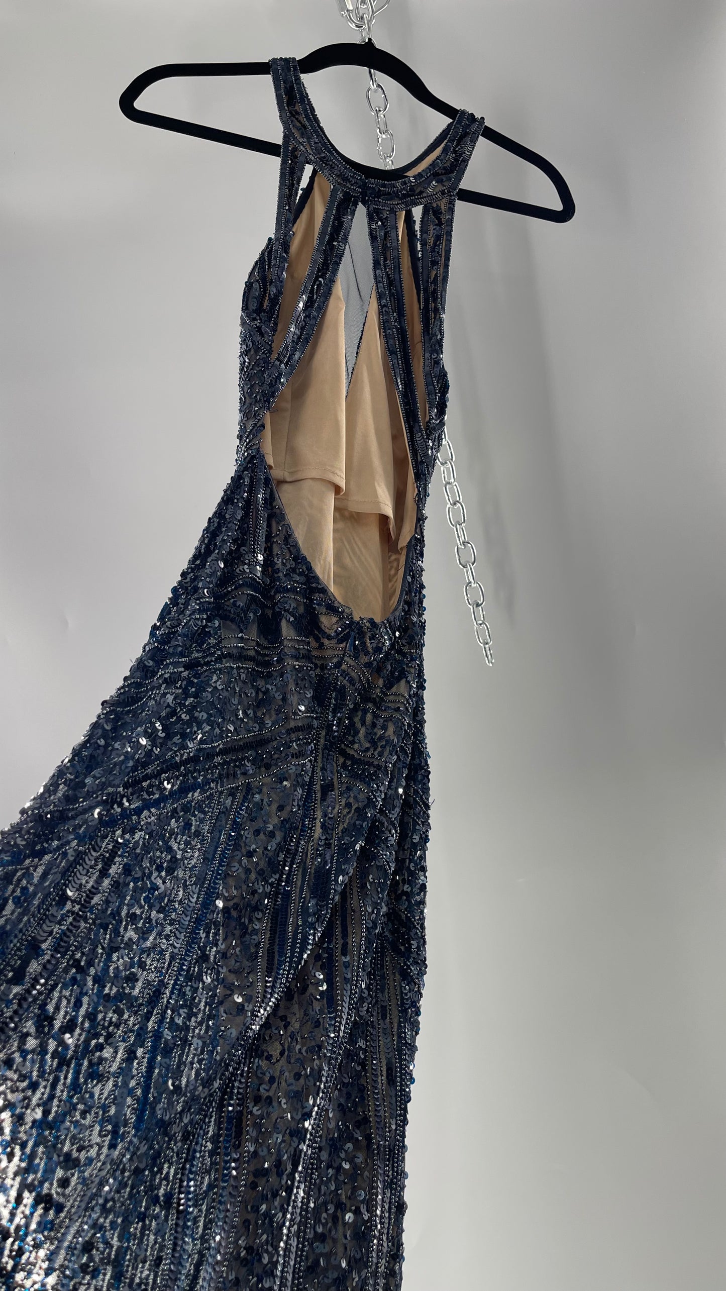 Vintage SCALA Navy Blue Beaded Floor Length Gown with Plunging Neckline, Backless Detail, and Tan Underlay (C)(4)