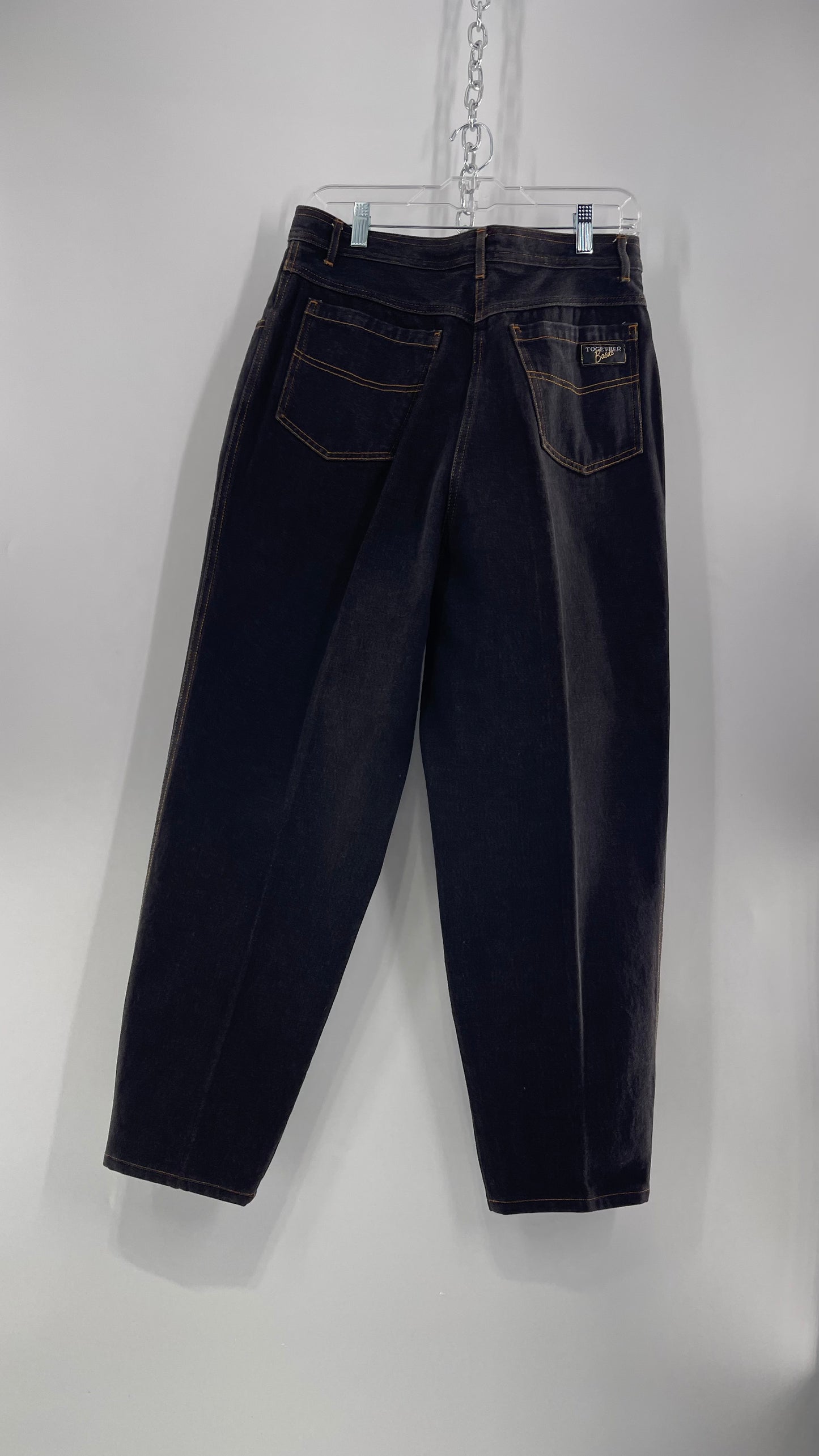 Vintage TOGETHER Basics Dark Gray 80s/90s Tapered, Pleated Waist Old School Embroidered Jeans (14)