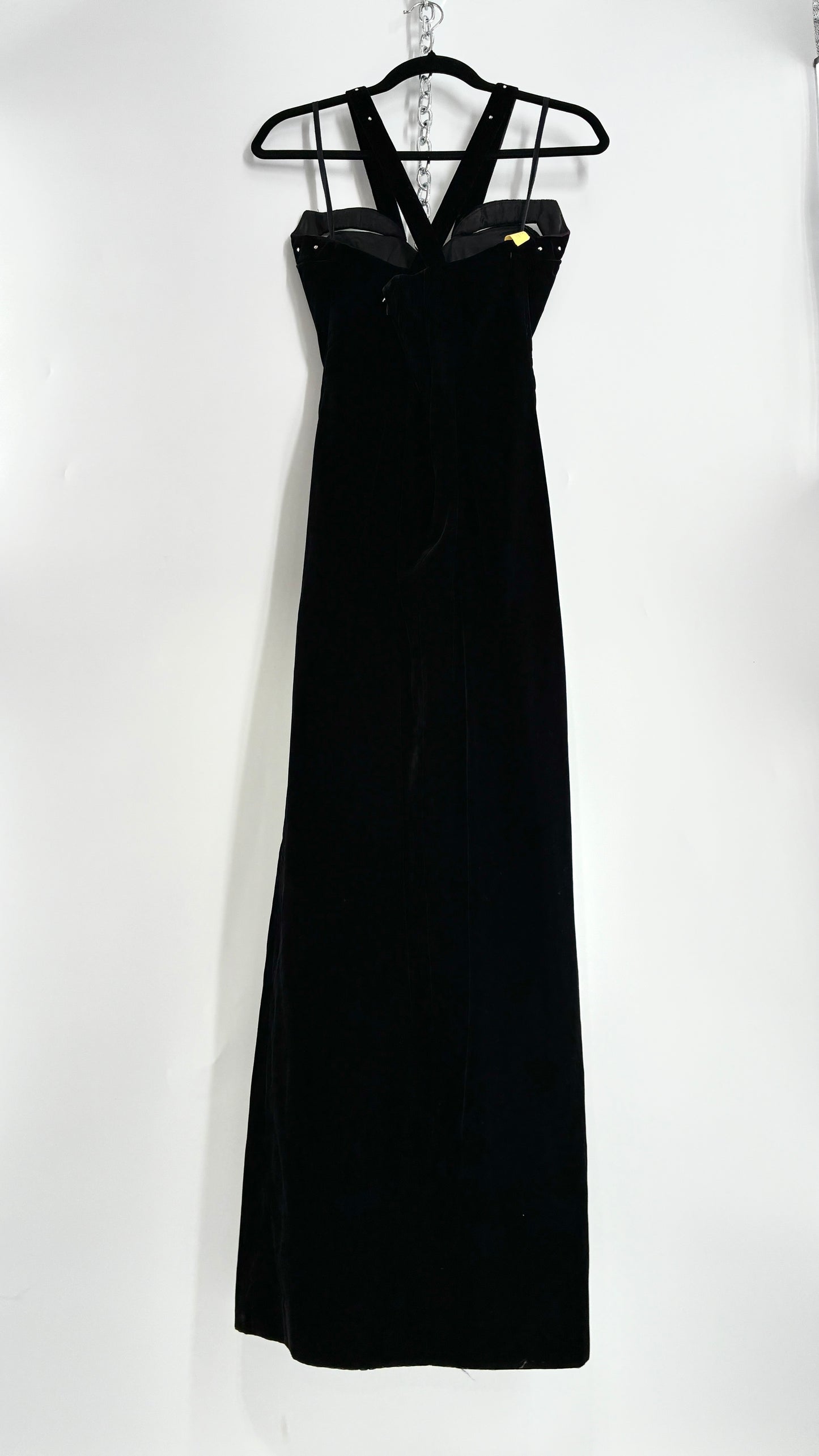 Vintage Handmade Velvet Gown with Pointed Bust Lined in Rhinestones and Dramatic Side Slit (S/M)