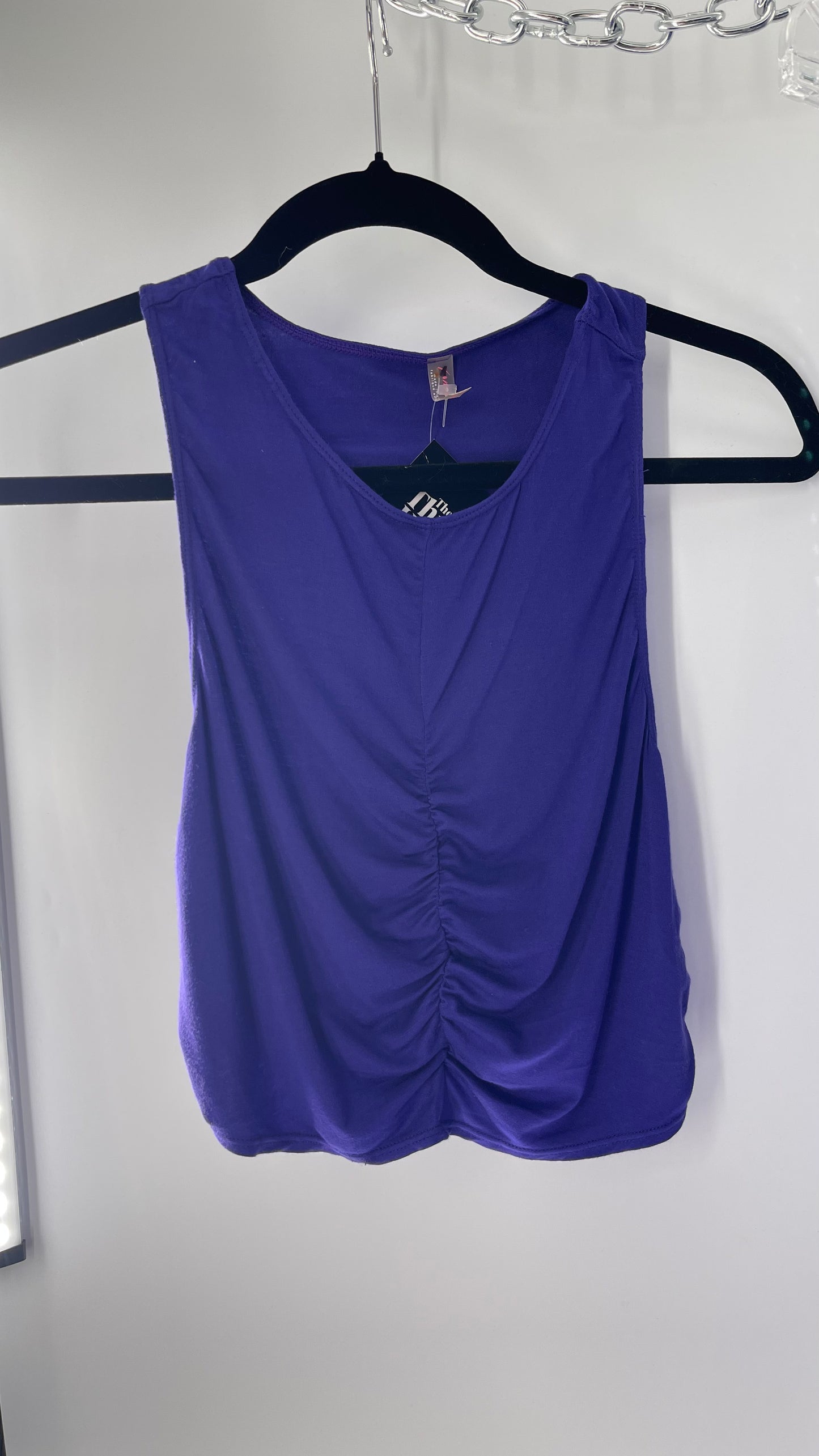 Free People 2 Piece Cobalt Purple Ruched Tank+ Cut Out Hip Strap Detail Flared Bottoms Set (Small)