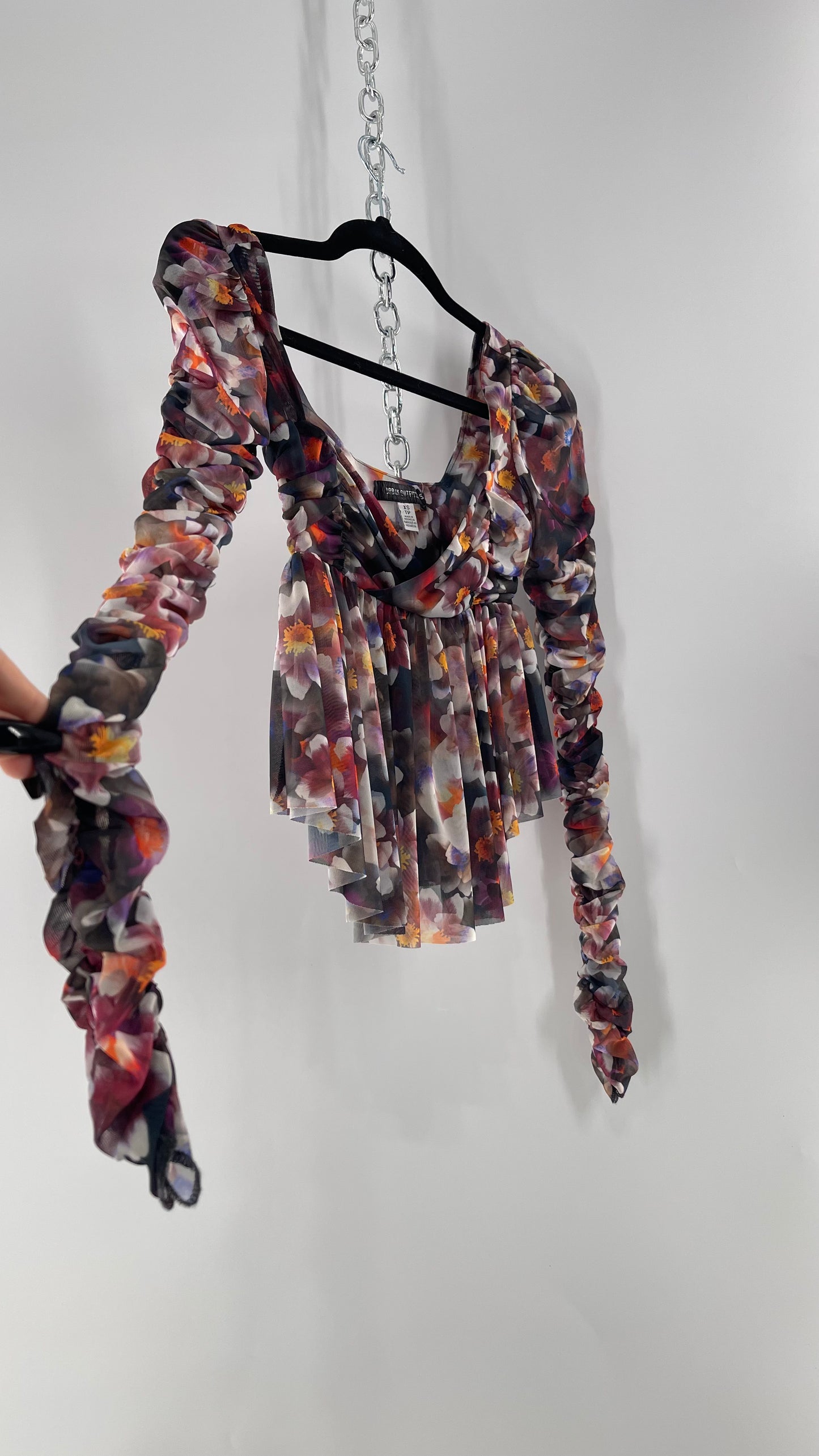 Urban Outfitters Psychedelic Floral Mesh Cropped Blouse with Ruched Sleeves and Pleated Hem (XS)