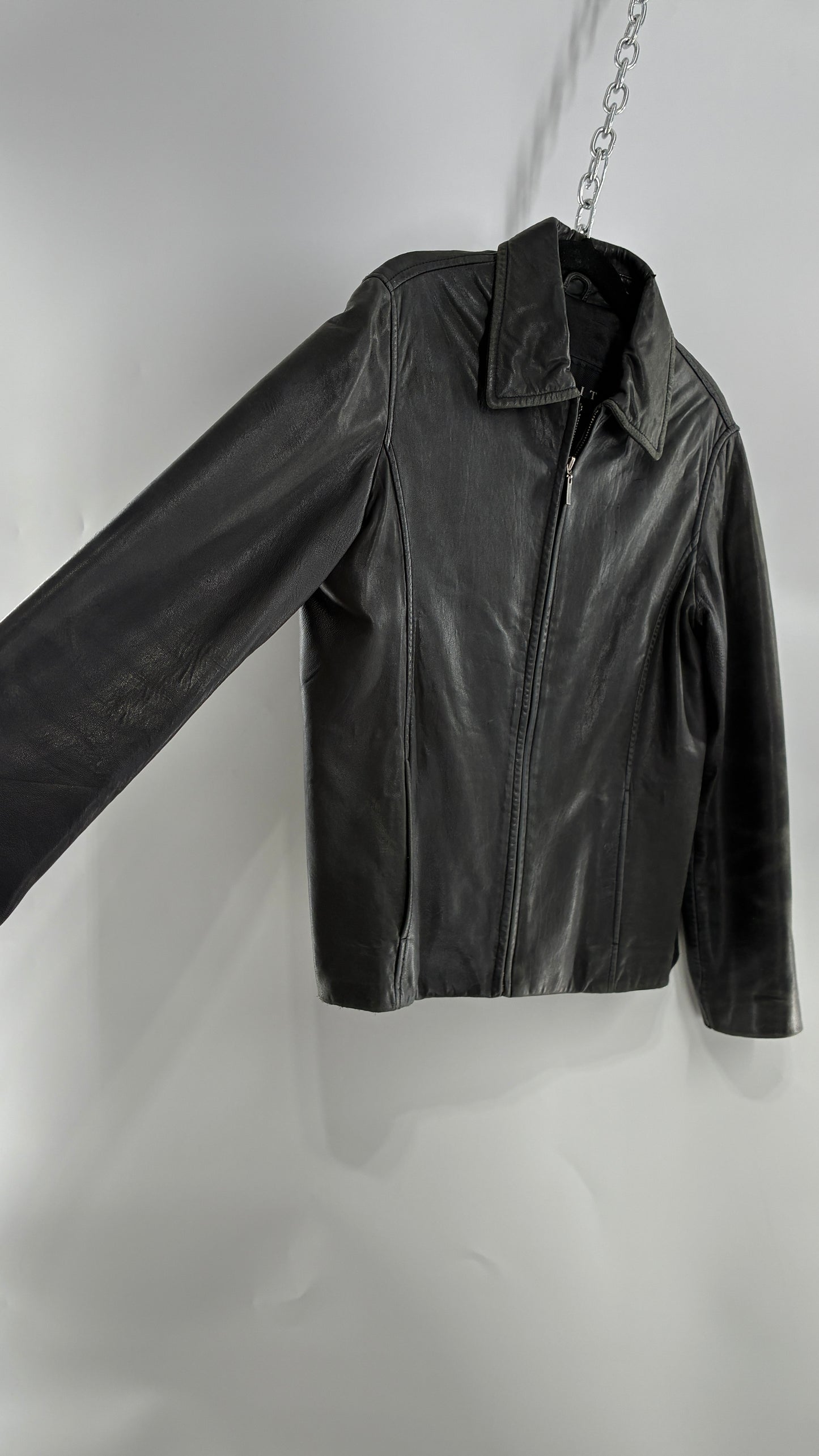 Vintage WINLIT New York Black Leather Collared Zip Front Paneled Jacket (Large)