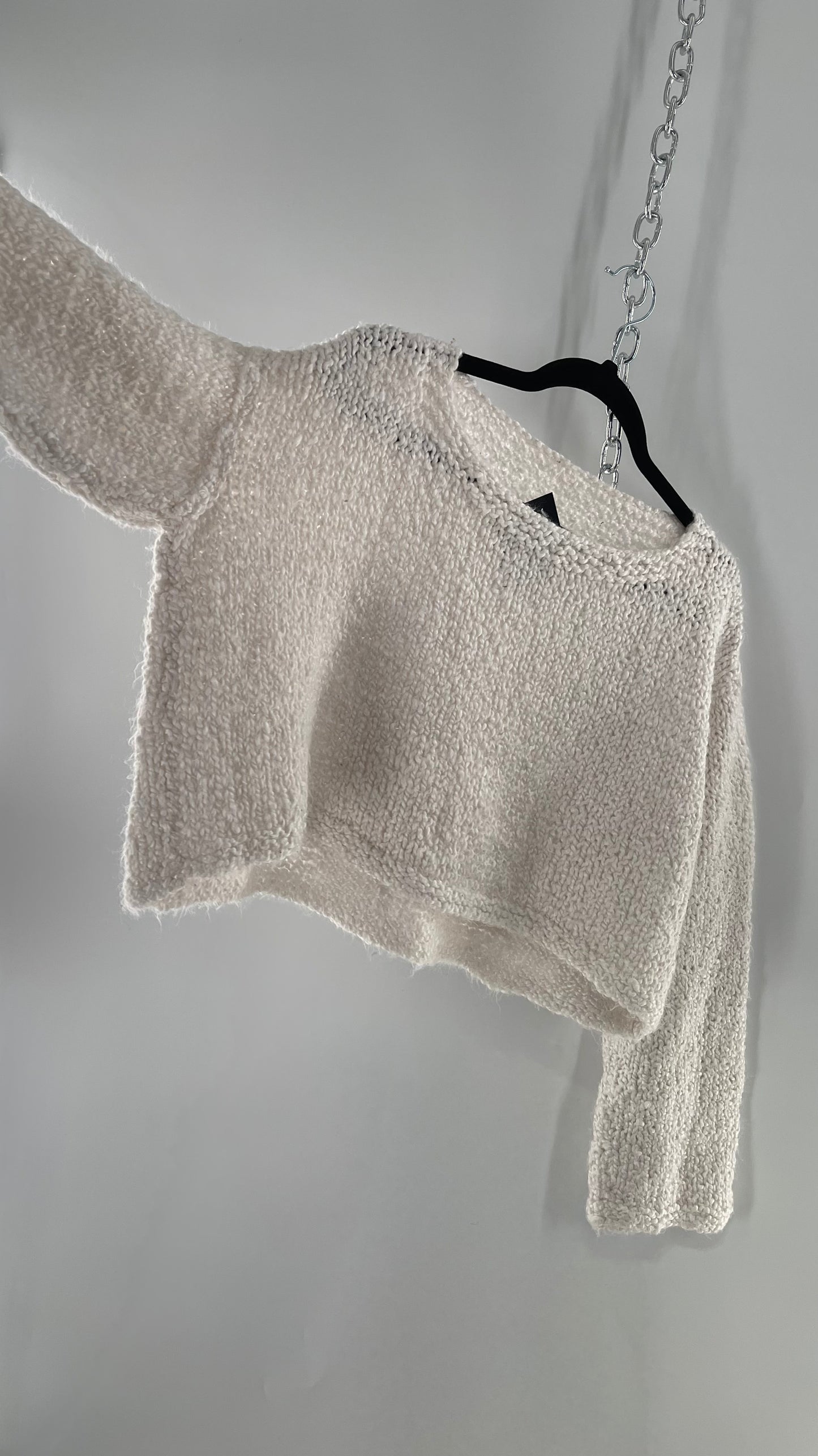 White Slouchy Comfy + Cozy Knit Cropped Sweater (M)