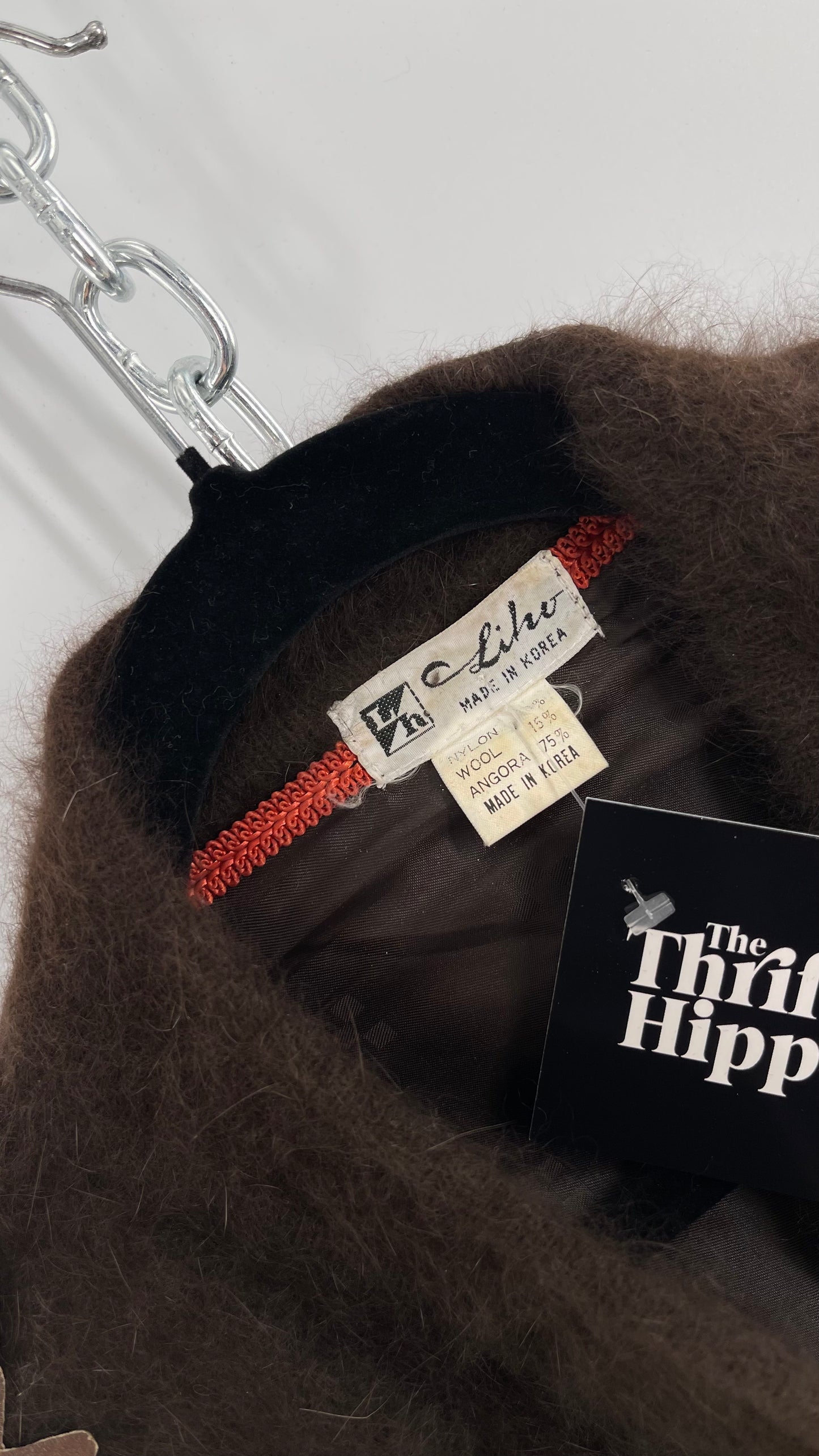 Liho Korean Vintage Brown Cardigan with Leather, Fur and Beaded Detailing 15% Wool 75% Angora  (C)(Medium)