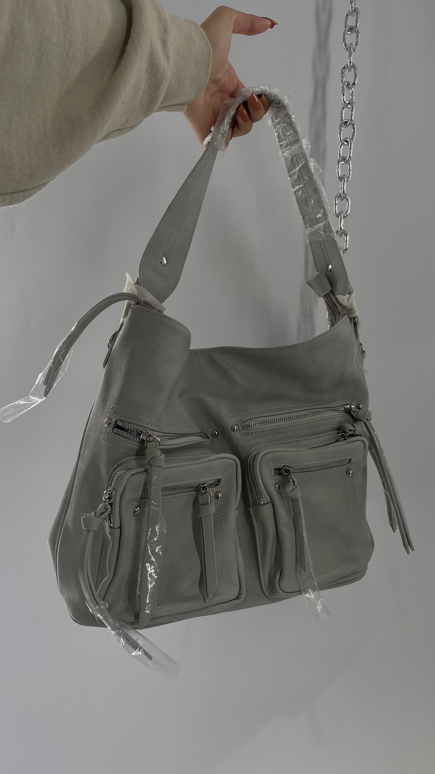 Free People Grey Leather Bag with Heavy Silver Metal Detailing, Pockets and Extra Strap