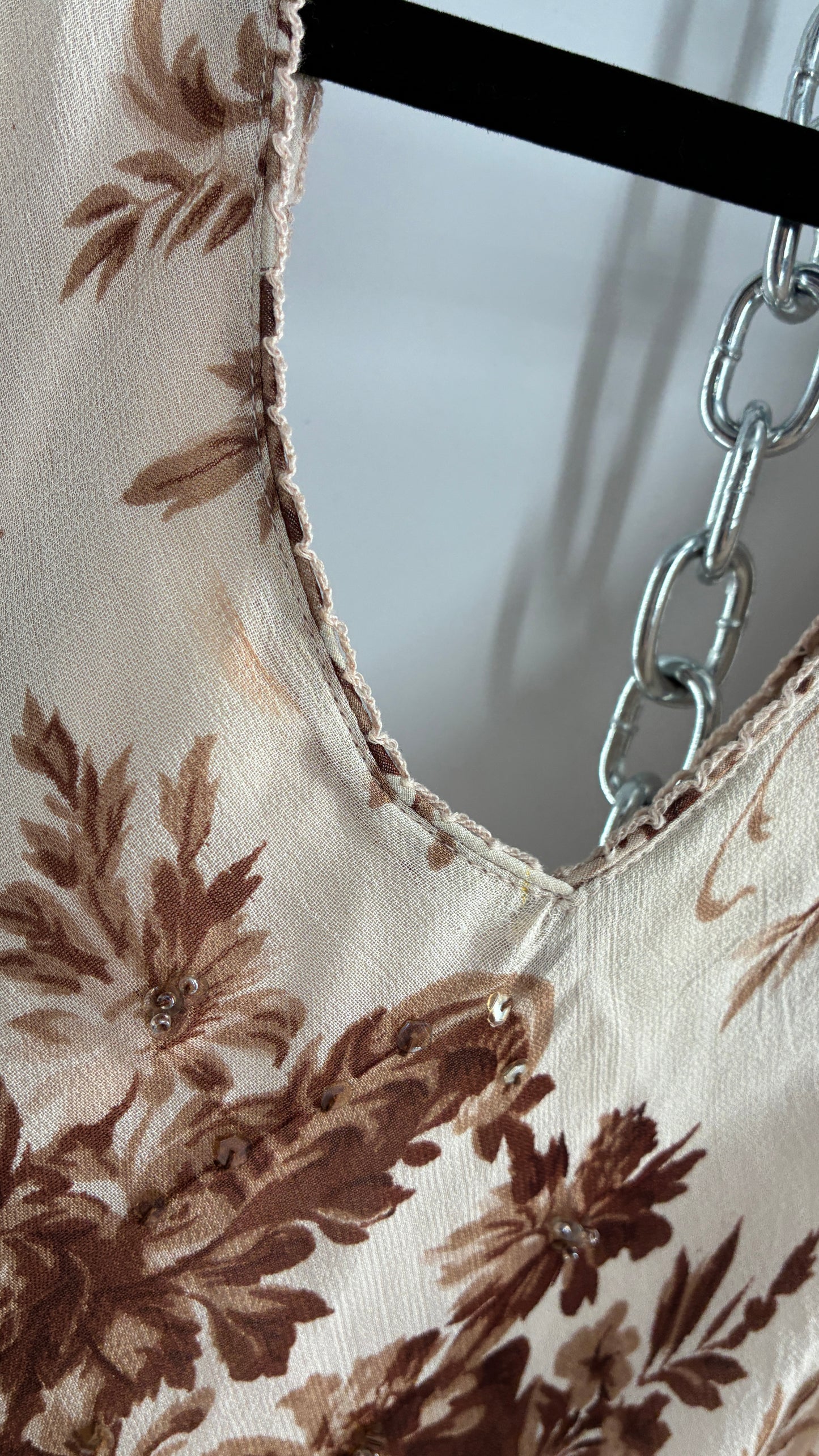 Vintage MAJICK 1990s Brown Floral, Asymmetric Ruffled Hem Gown with Embroidered Sequin Details (Medium)