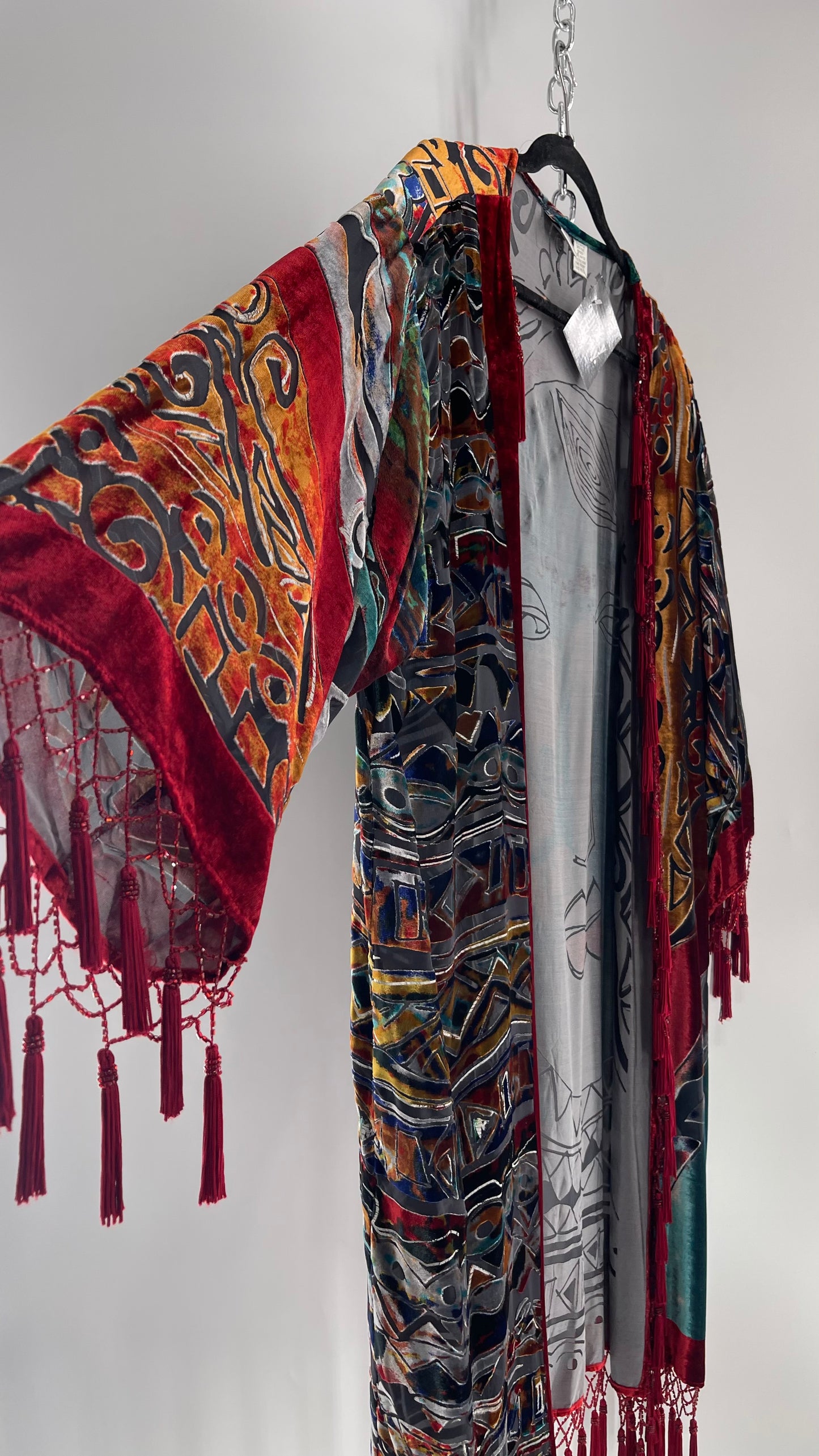 Vintage Burnout Buddhist Motif Velvet/Velour Beaded Fringe Duster Coat/Kimono with Tassel Sleeves and Hems (M/L)