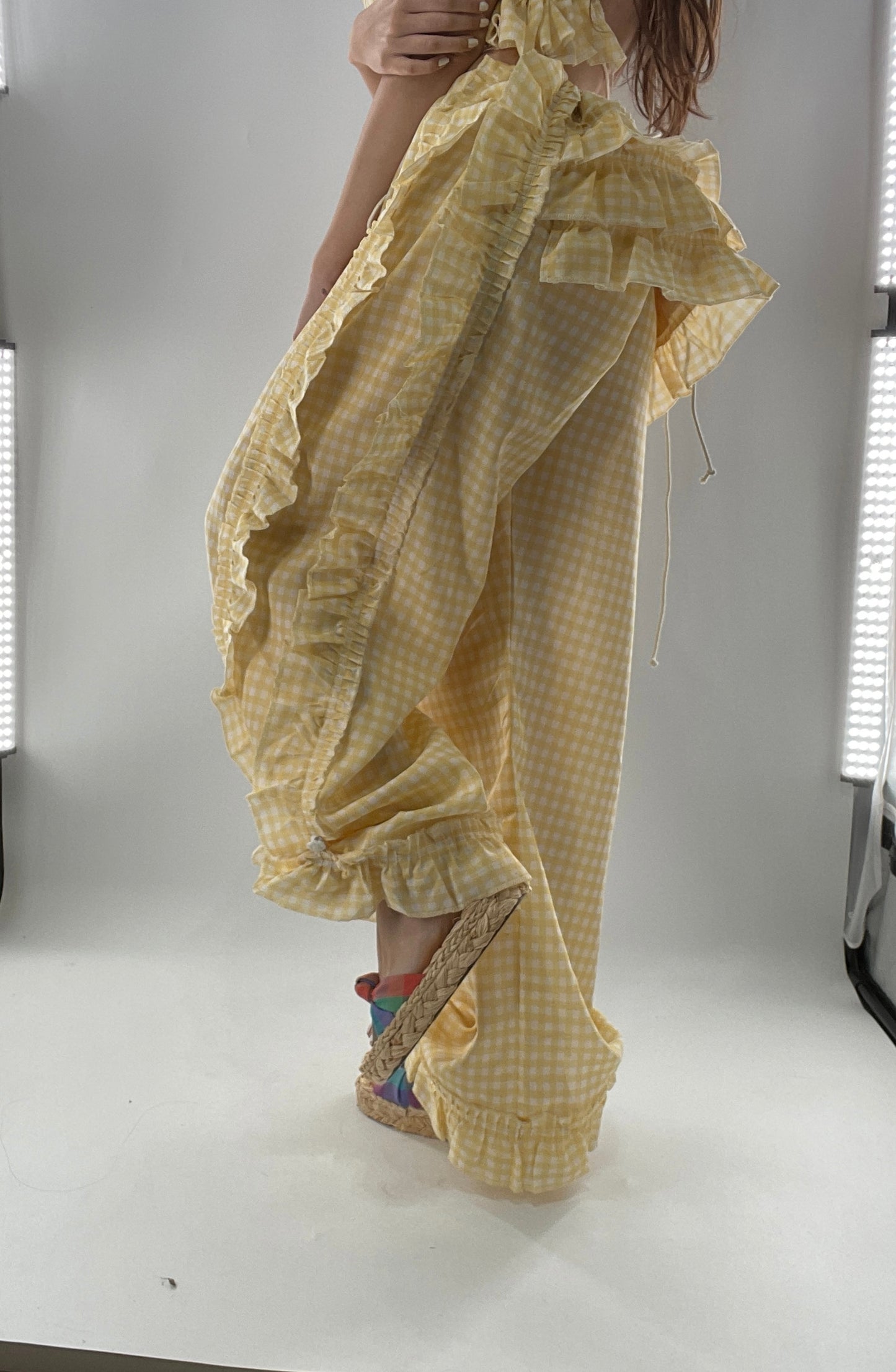 Vintage 2 Piece Yellow Checkered/Gingham Patterned Picnic Set with Ruched Bust Top and Ruffle Side Wide Legs with Adjustable Length, Strap Up Buttons on Hem (One Size)