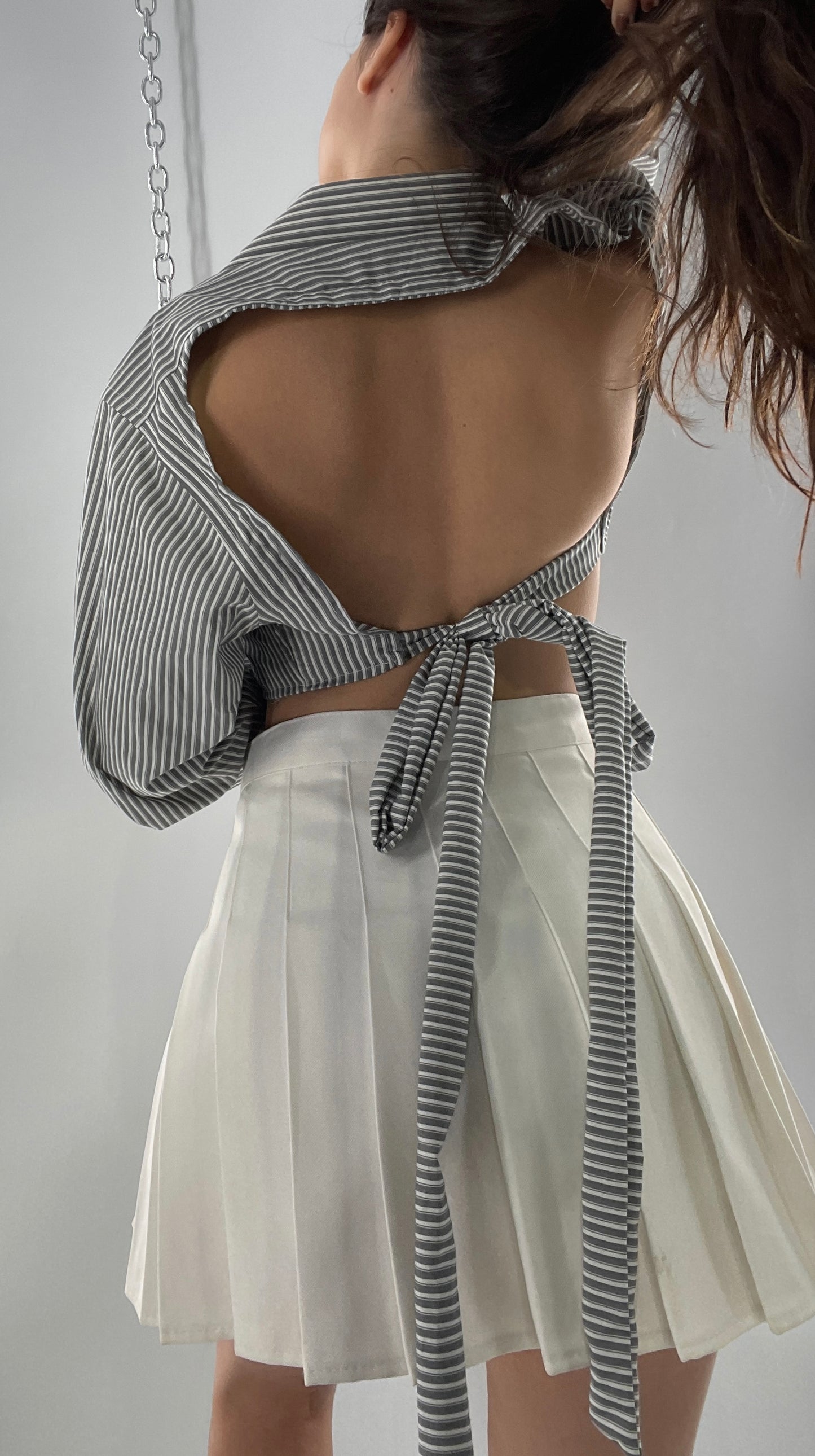 Vintage Reworked Button Front Backless Grey Blue Striped Blouse (One Size)