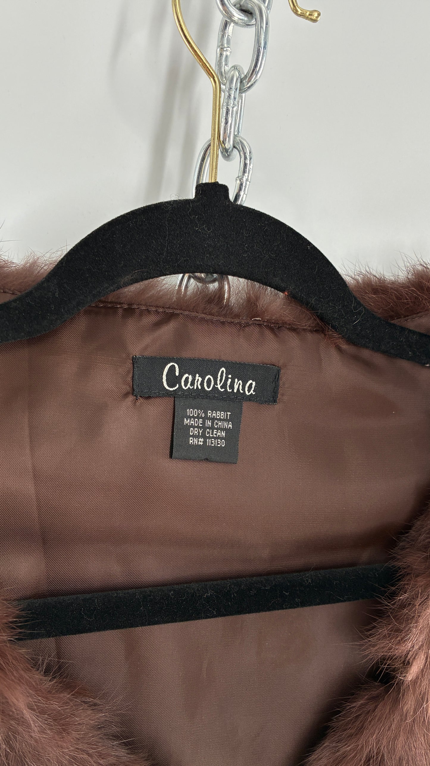 Vintage CAROLINE 100% Rabbit Fur Brown Shrug Cape with Oversized Round Buckle (One Size)