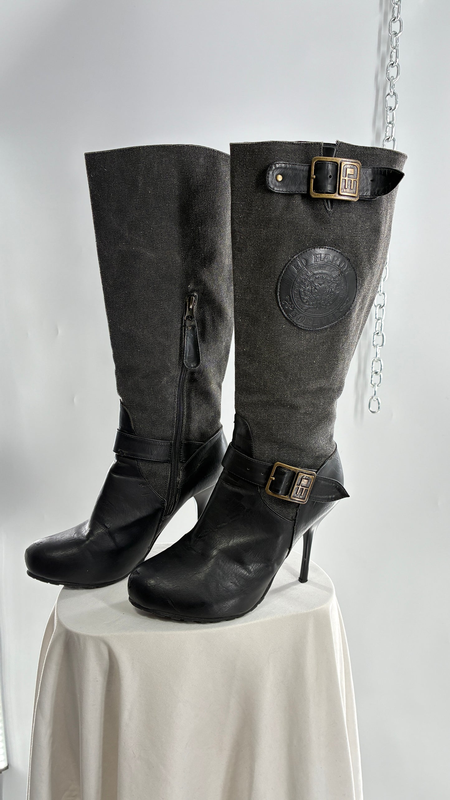 Vintage ED HARDY Stiletto Boots with Embossed Buckles and Badges (9)