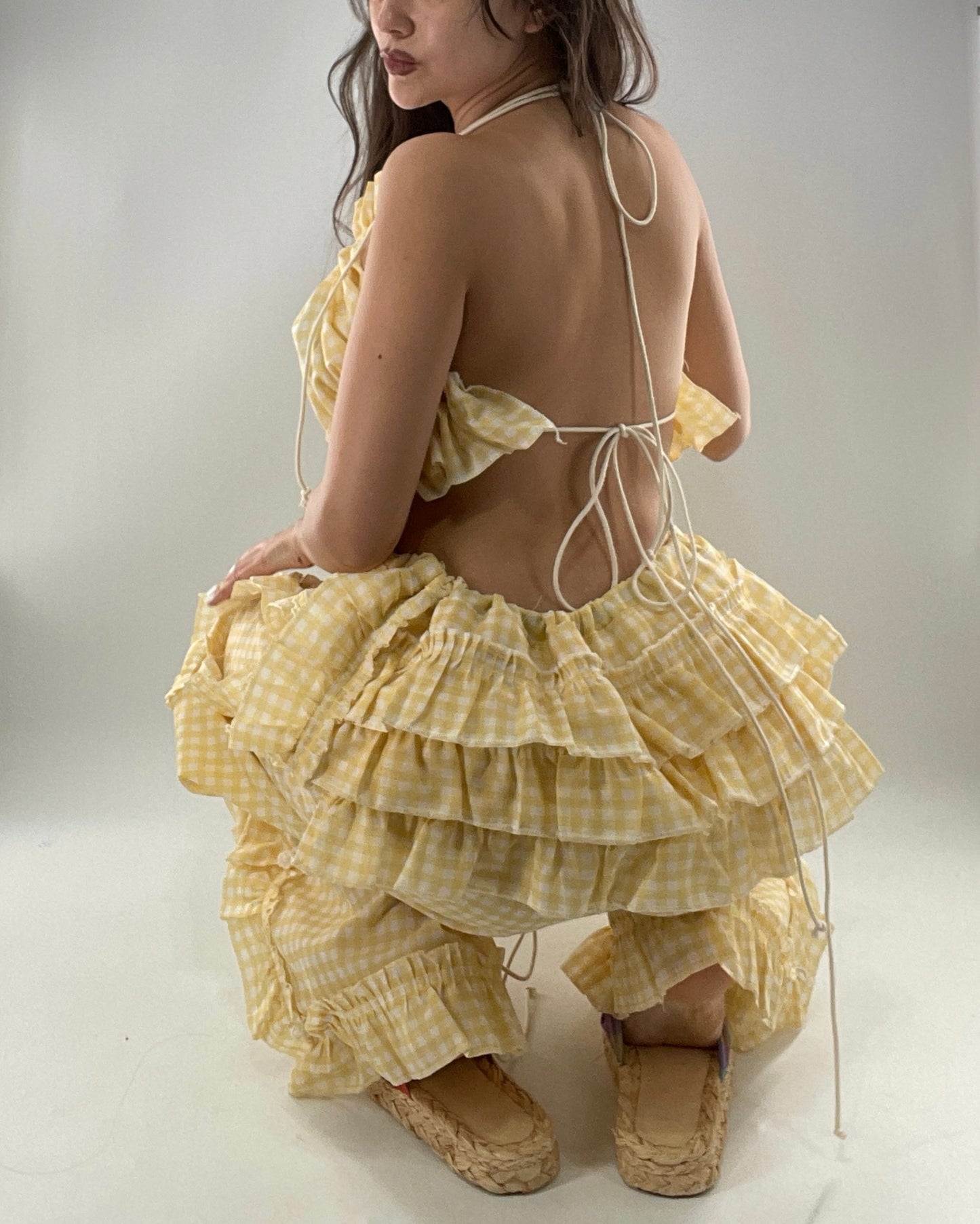Vintage 2 Piece Yellow Checkered/Gingham Patterned Picnic Set with Ruched Bust Top and Ruffle Side Wide Legs with Adjustable Length, Strap Up Buttons on Hem (One Size)
