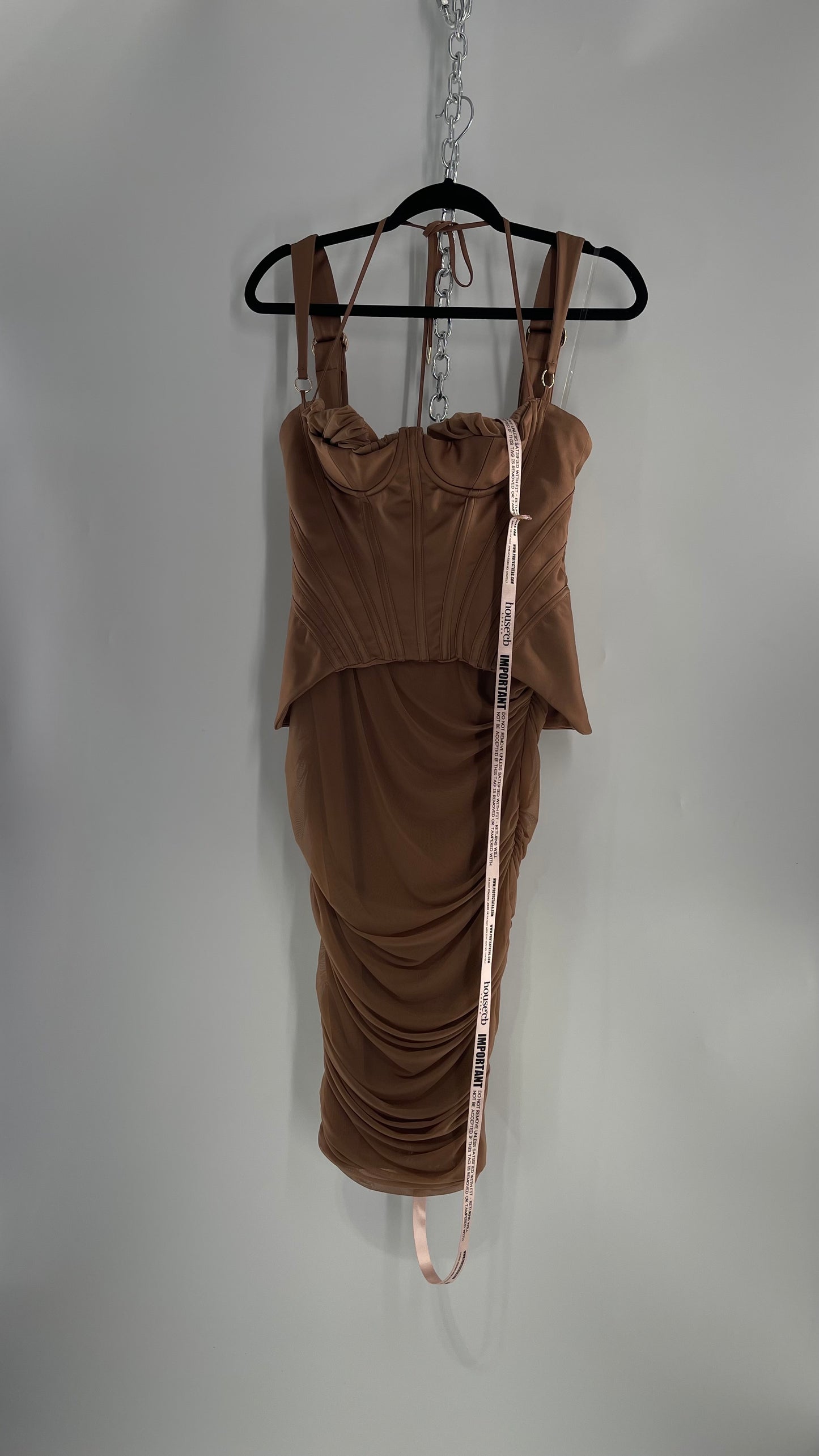 House of CB Talya Toffee Satin Corset Midi Dress with Ruched Skirt (Medium)