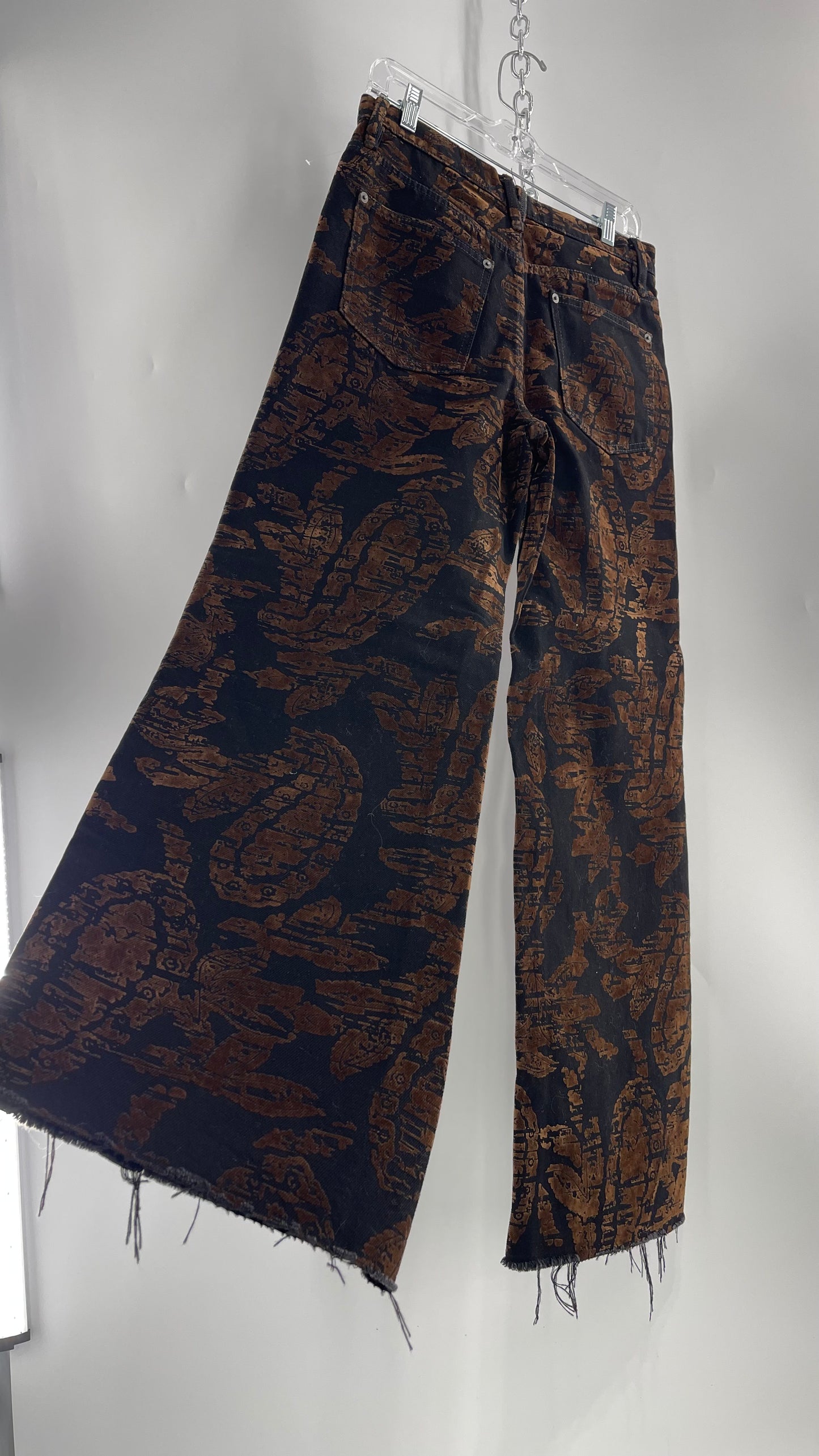 Free People Black/Brown Velvet Texture Graphic Straight Legs with Raw Edge Hem and Tags Attached (28)