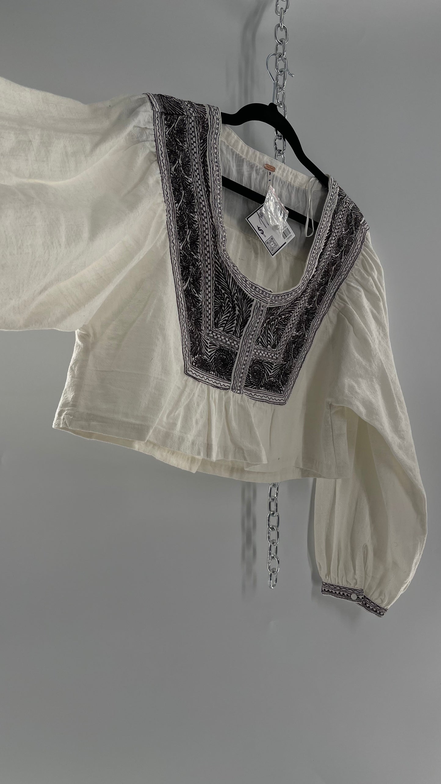 Free People White Thick Cotton Cropped Balloon Sleeve Blouse with Brown Embroidery (XS)