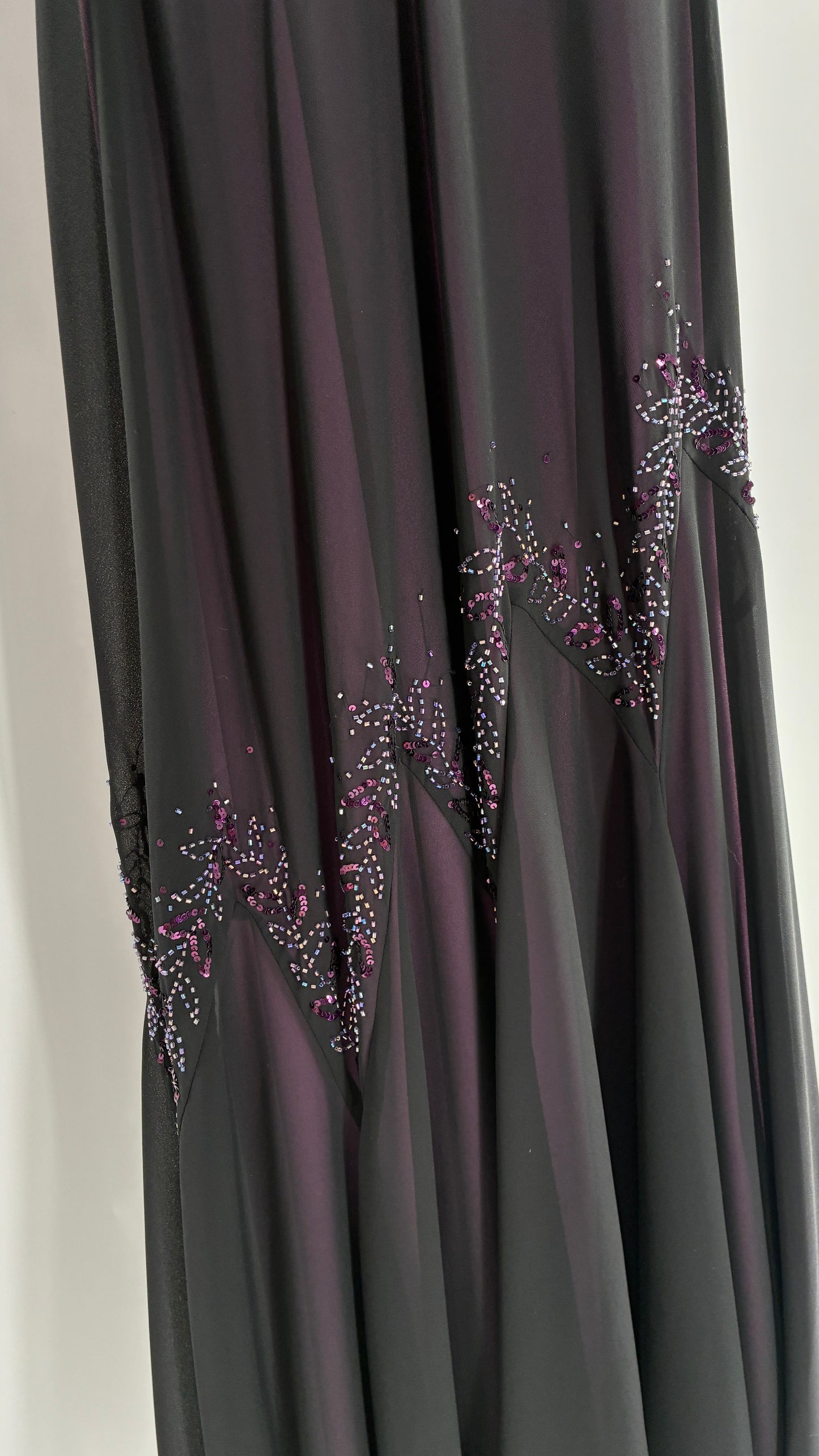 Vintage XSCAPE Full Length Black Beaded Gown with Purple Underlay (4)