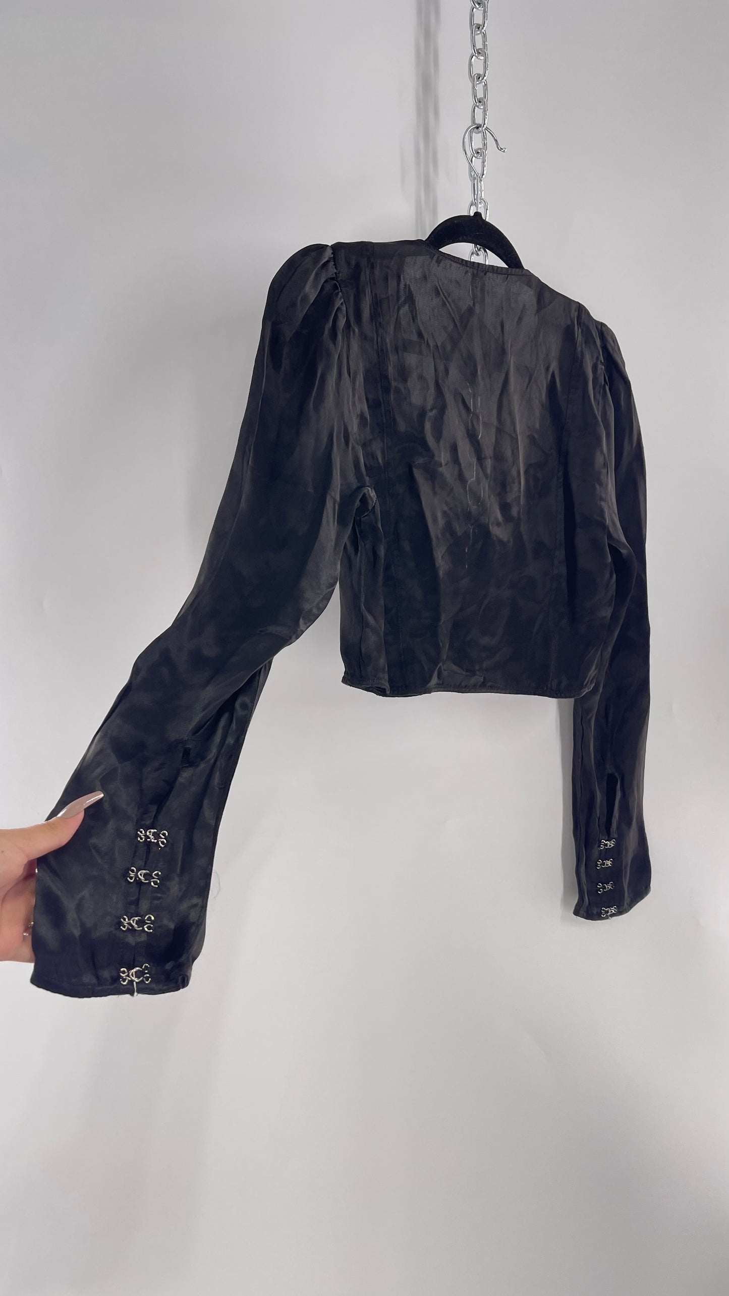 Free People Black Silky Ruffle Neckline Long Sleeve with Grommet Closure Details (Small)