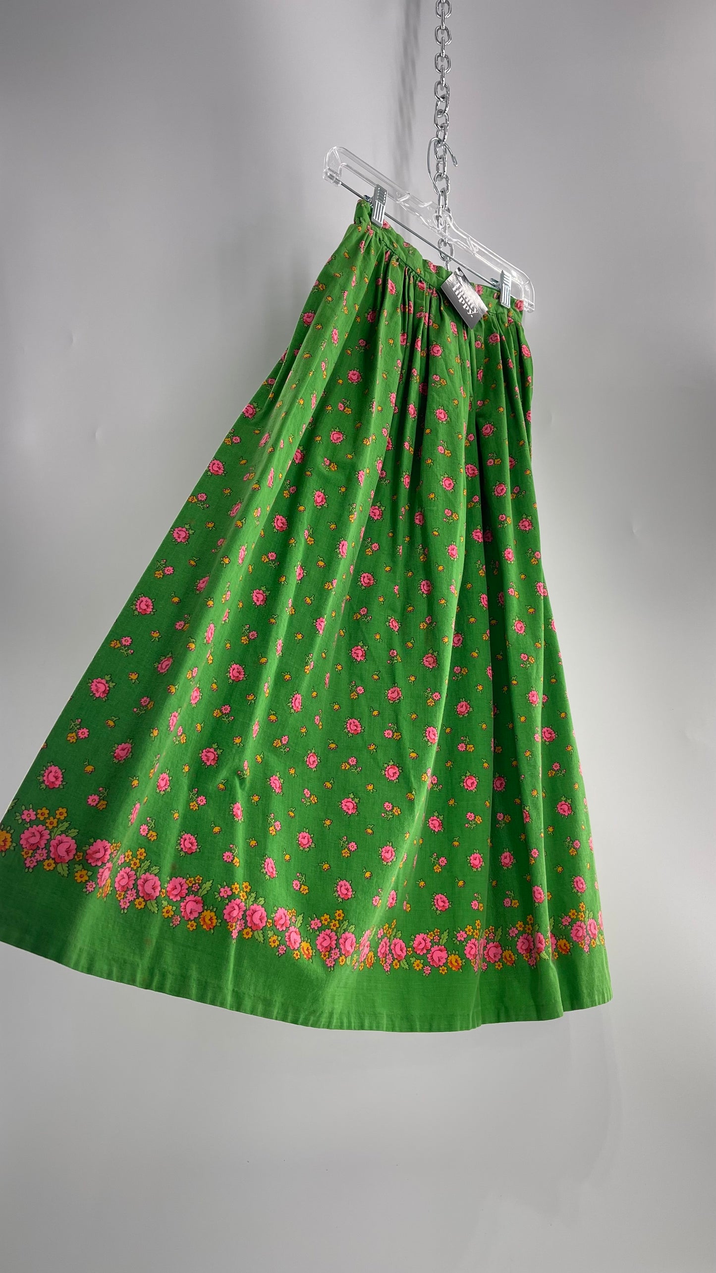 Vintage Imported Cotton Kelly Green Skirt with Pink Roses (XS)
