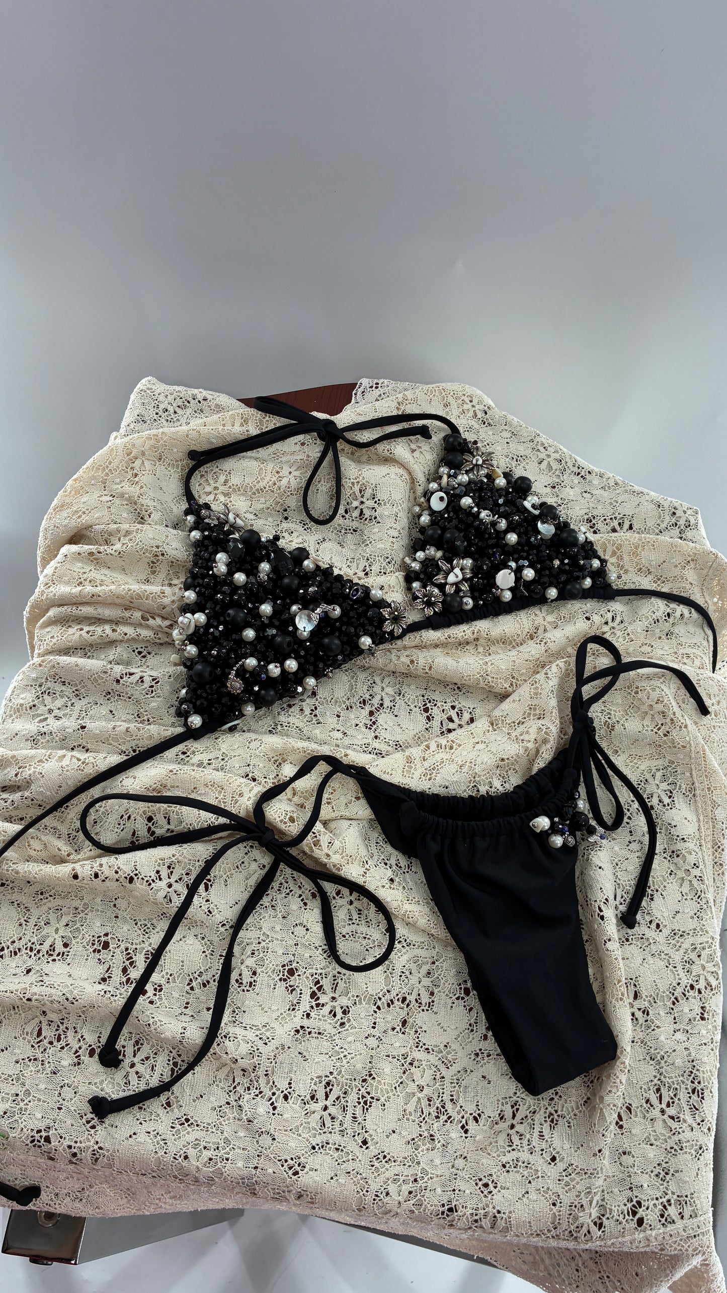 CUSTOM 1/1 Black Swimsuit Covered in Hand Placed and Sewn Beads, Charms, and Gems (MEDIUM)