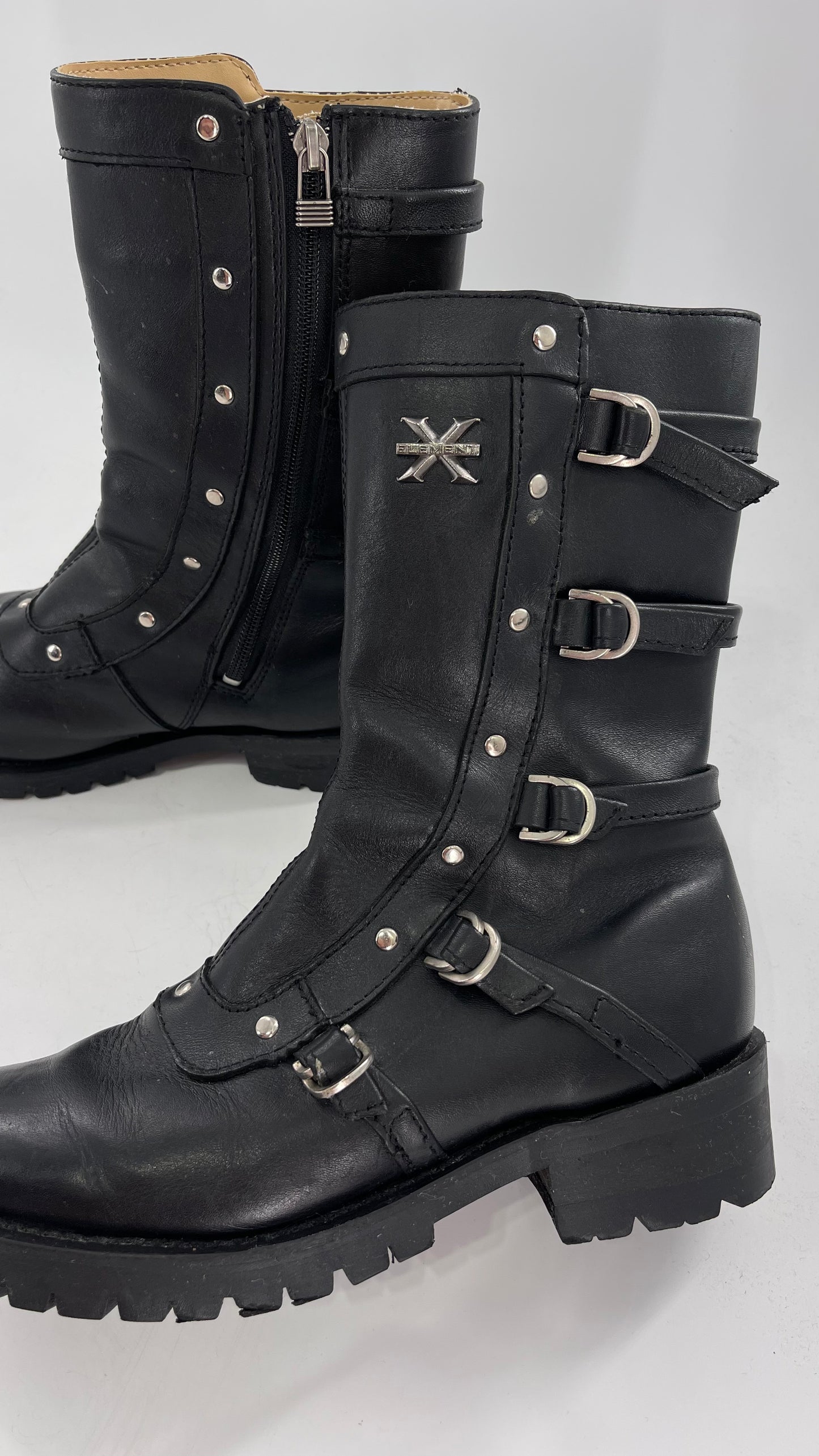 Vintage 1990s XELEMENT Buckle Side Genuine Leather Steam Punk Boots (Women’s 8.5)