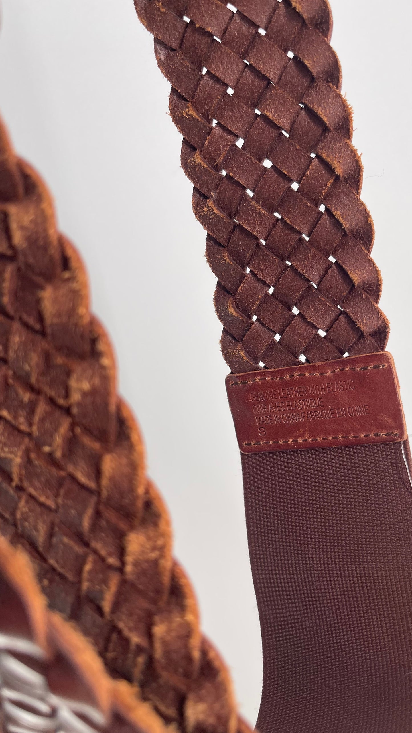 Brown Genuine Leather Woven Braided Wide Belt (Small)