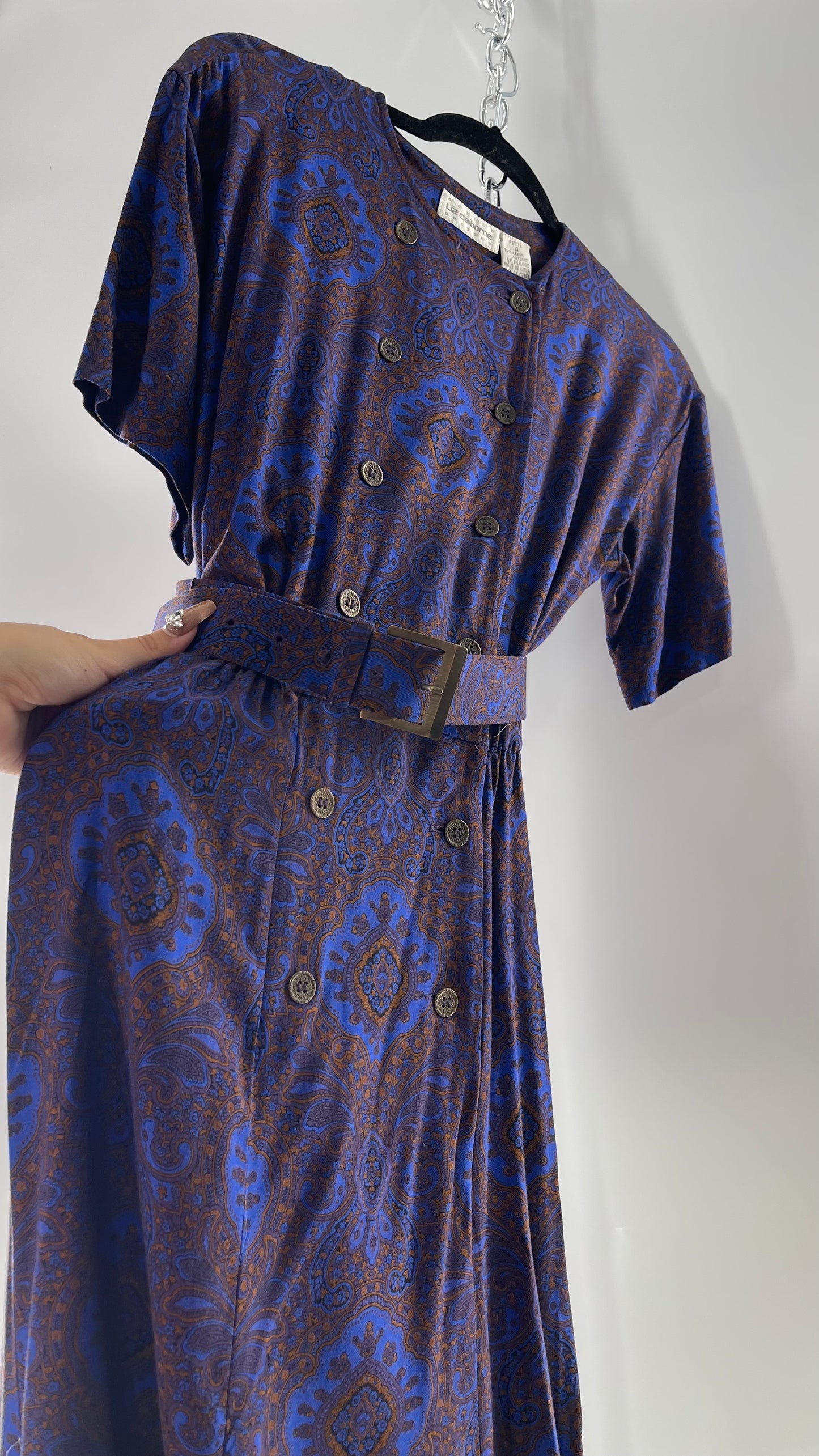 Vintage Liz Claiborne Cobalt Blue and Mustard Paisley Patterned 60s Style Dress(4)