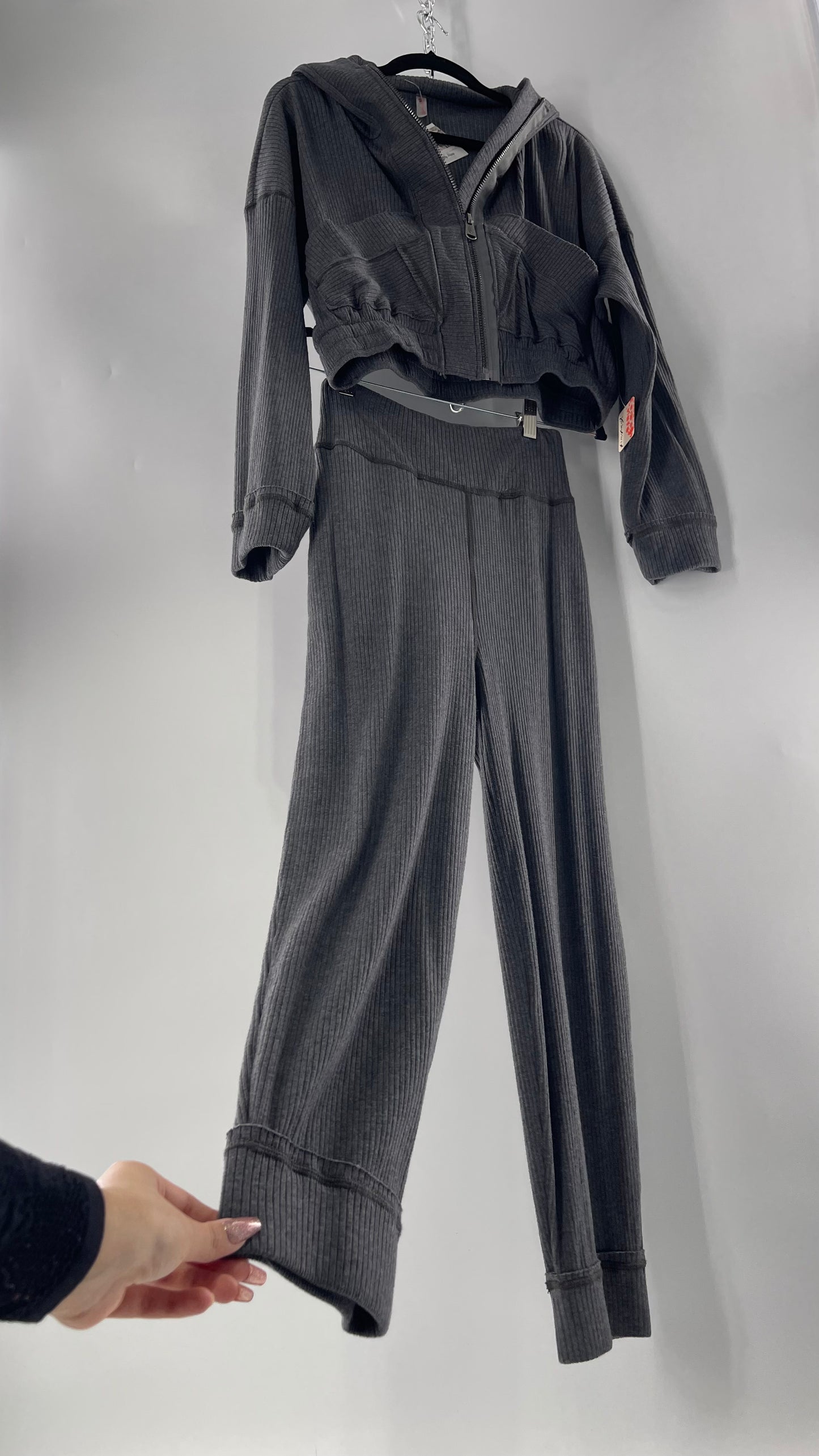 Free People Charcoal Slate Gray 2 Piece Set with Cropped Hoodie and Jogger Sweats with Tags Attached (XS)