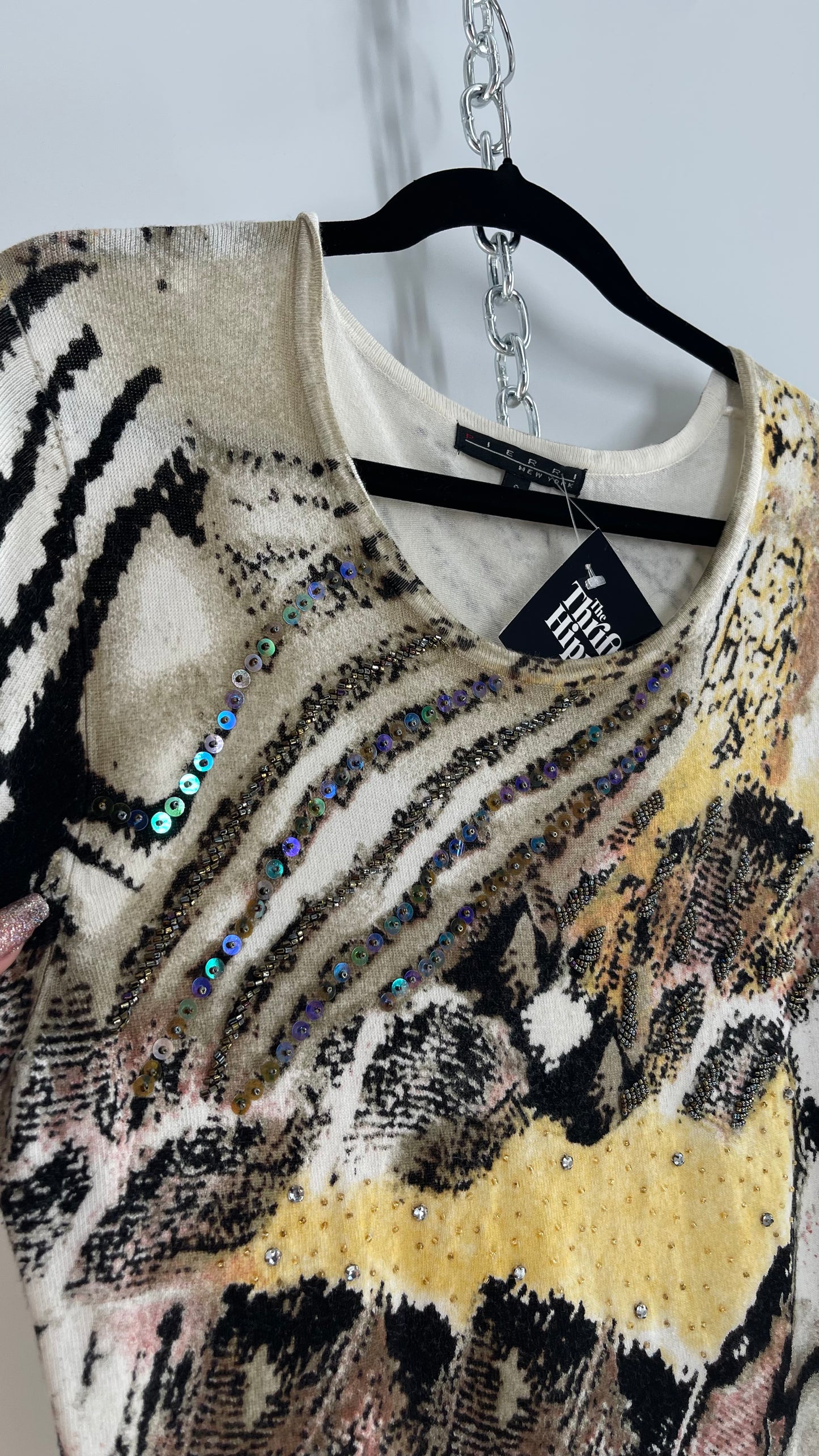 Vintage PIERRI Animal Print Graphic Knit with Iridescent Sequins (Small)