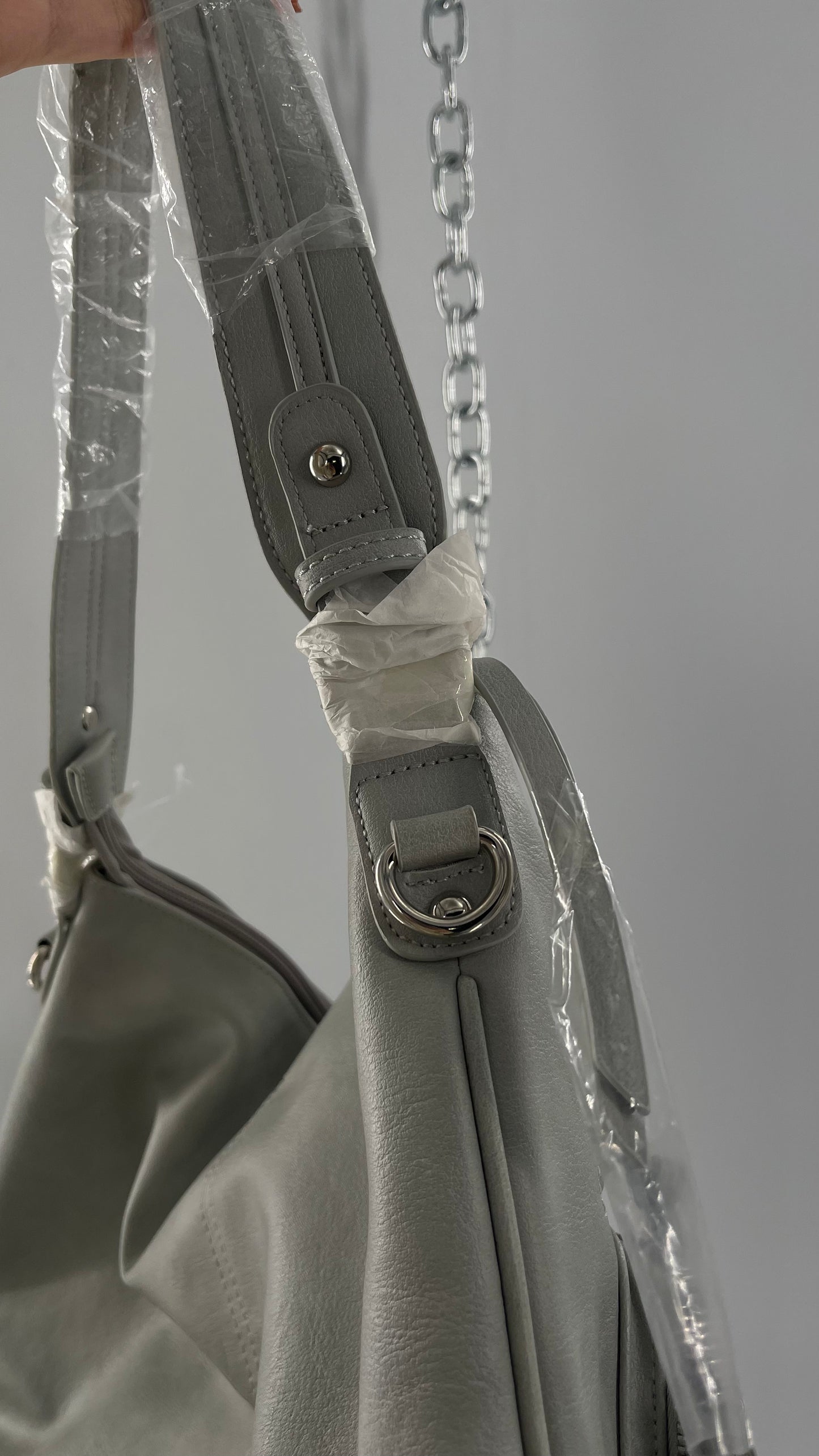 Free People Grey Leather Bag with Heavy Silver Metal Detailing, Pockets and Extra Strap