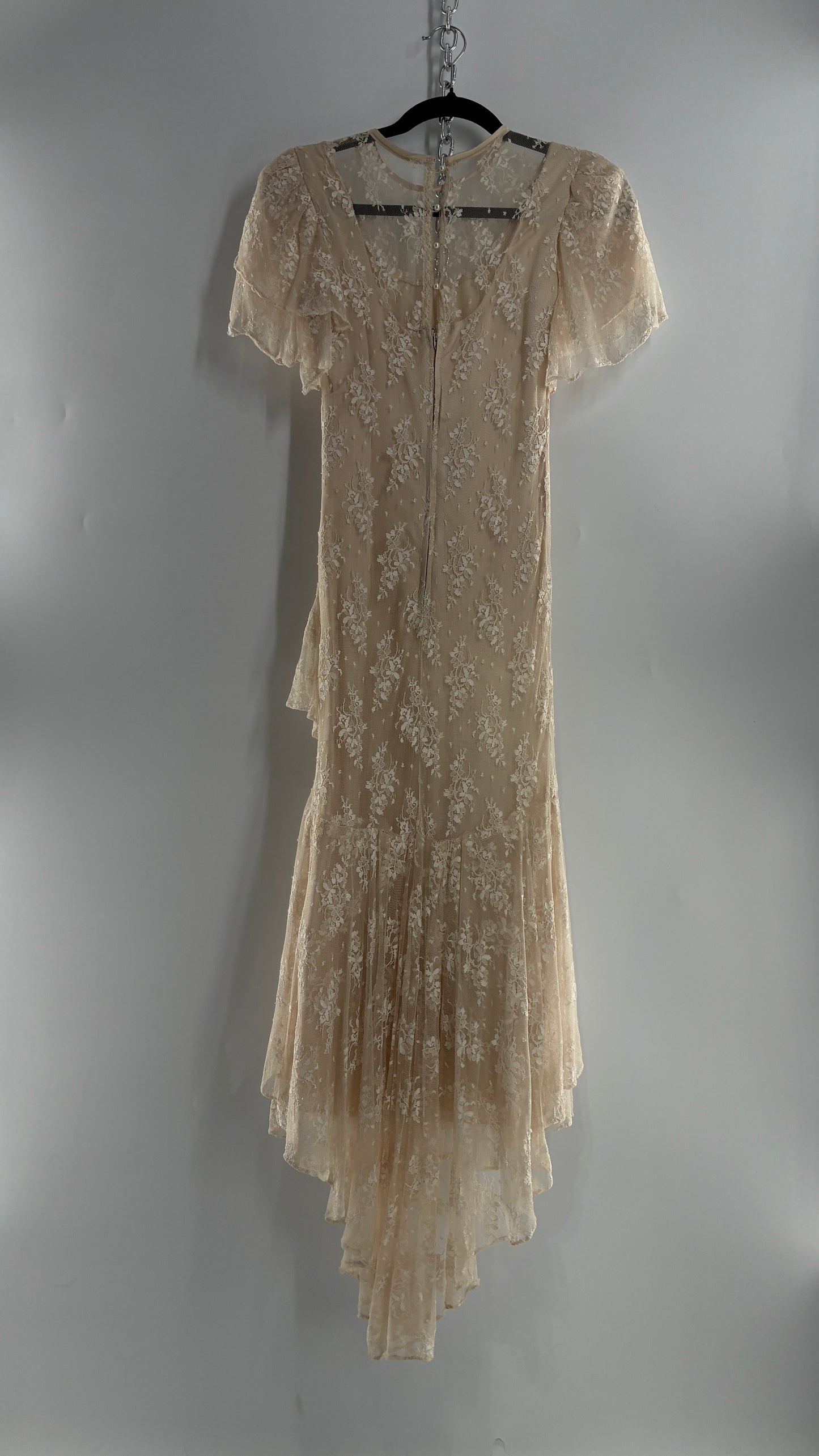 Vintage Ivory Lace Gown with Petal Sleeves, Tiered Hemline (5/6)