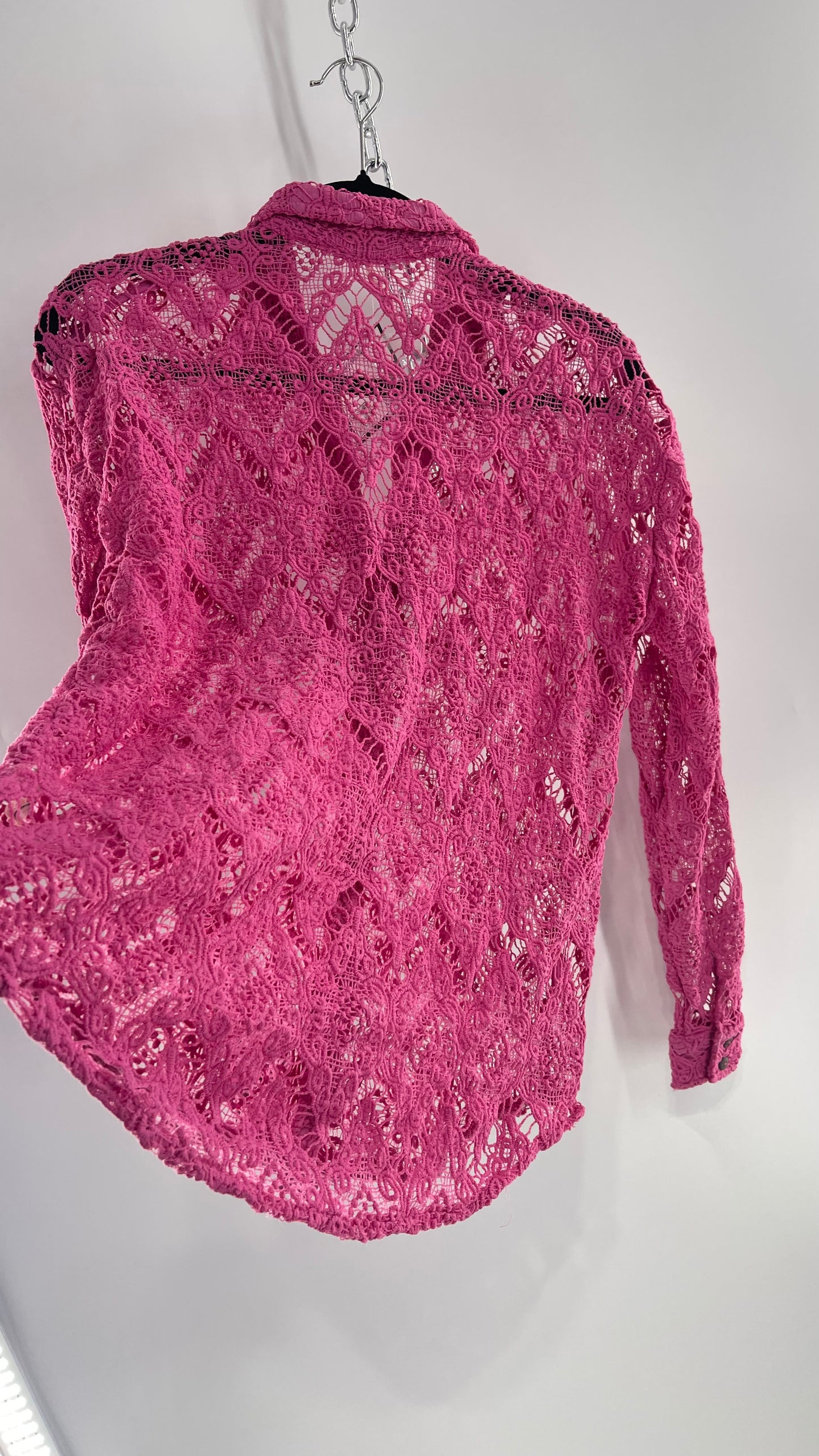 Free People Until Sunday Fuchsia Purple/ Pink Thick Lace Button Front Blouse with Coconut Buttons (XS)
