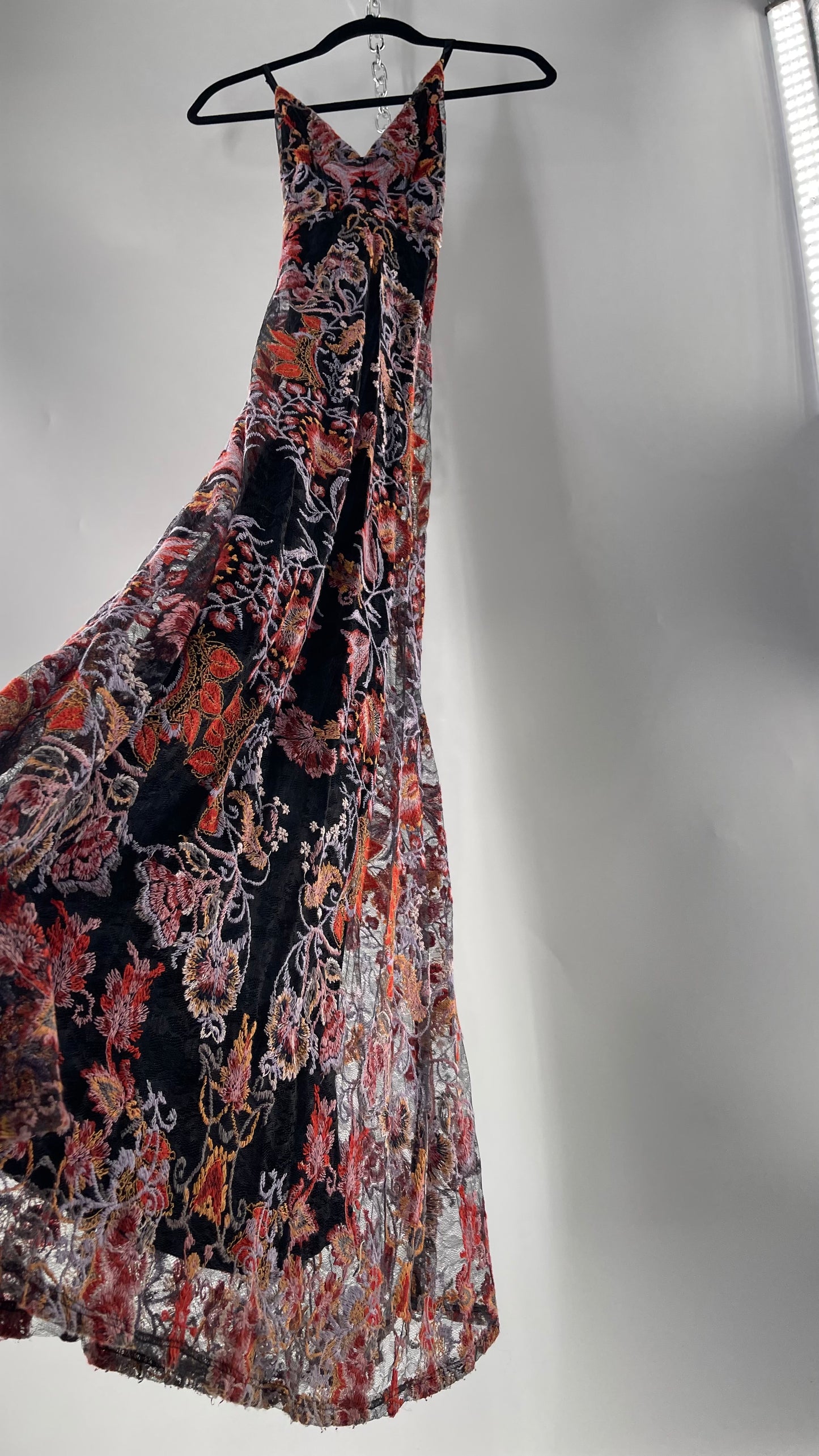 Free People Black Fall Toned Floral Embroidered Tule Sleeveless Maxi Dress (2)
