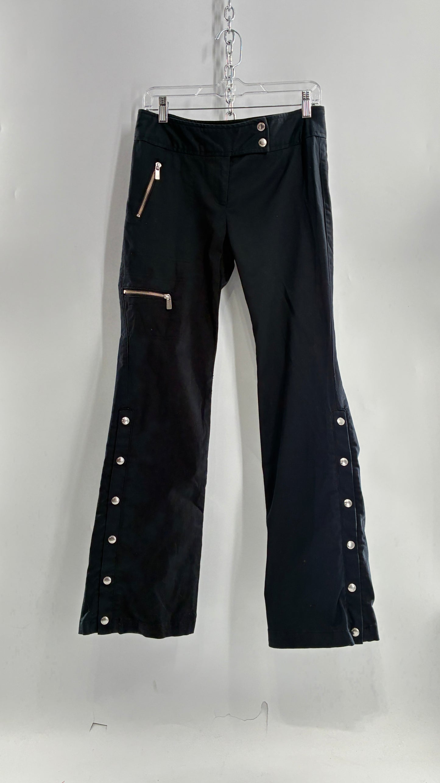 Vintage MICHAEL KORS Black Button Leg Kick Flare Low Rise Pants with Zipper Details and Side Closure (6)