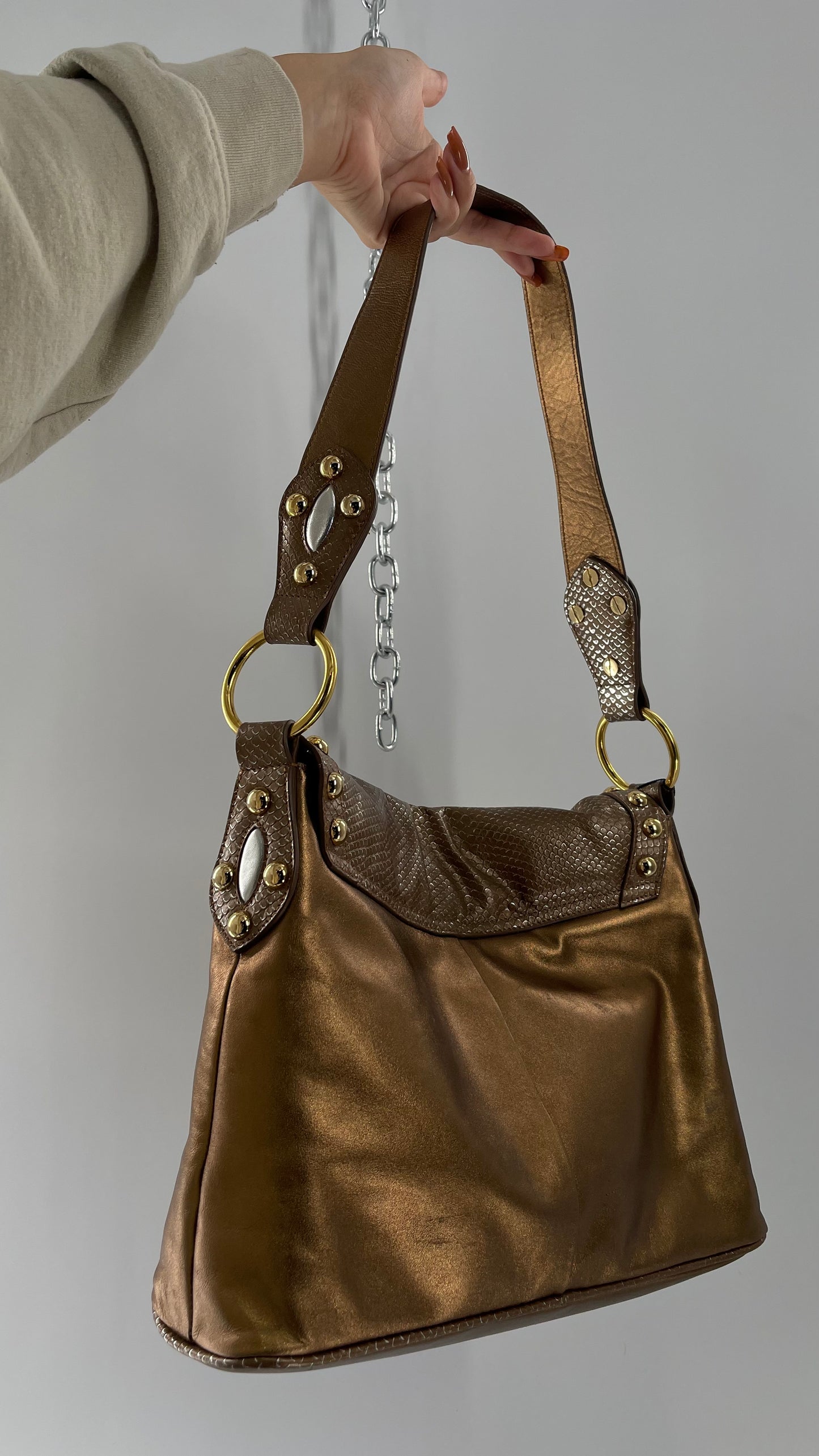 Deadstock Vintage The Find Grandeur Bronze Bag with Grommets, Gemstones, Studs and Exaggerated Buckle