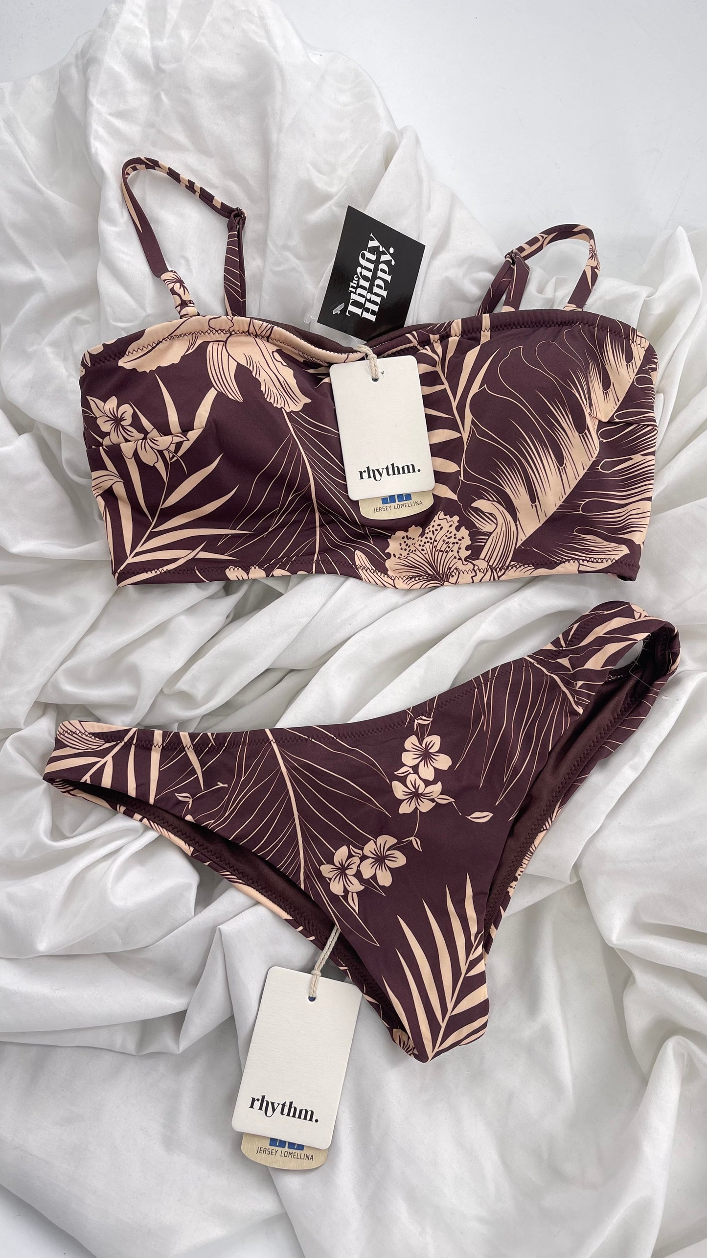 RHYTHM Brown and Beige Tropical Palm Patterned Swim Set with Tags Attached (Medium)