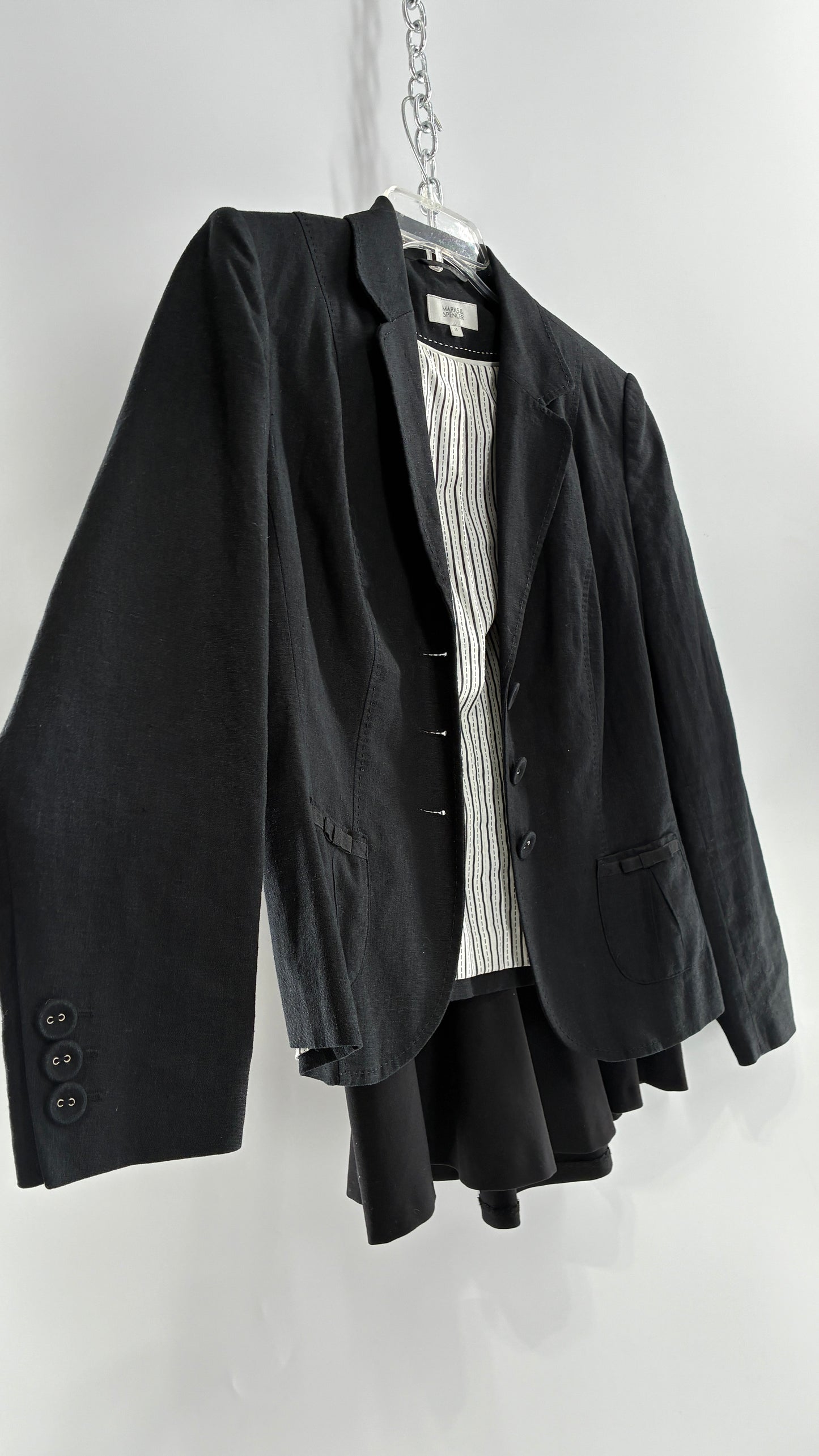Vintage MARKS & SPENCER Suit Set with Black Linen Blend Blazer and Upcycled Mini Skirt with Corset Backing (14/M)