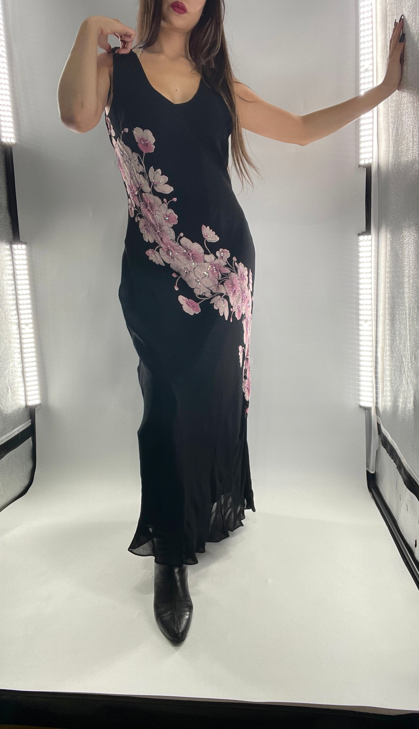 Vintage Dress Barn Black Slinky Maxi Dress with Pink Floral Graphic and Sequins (L)
