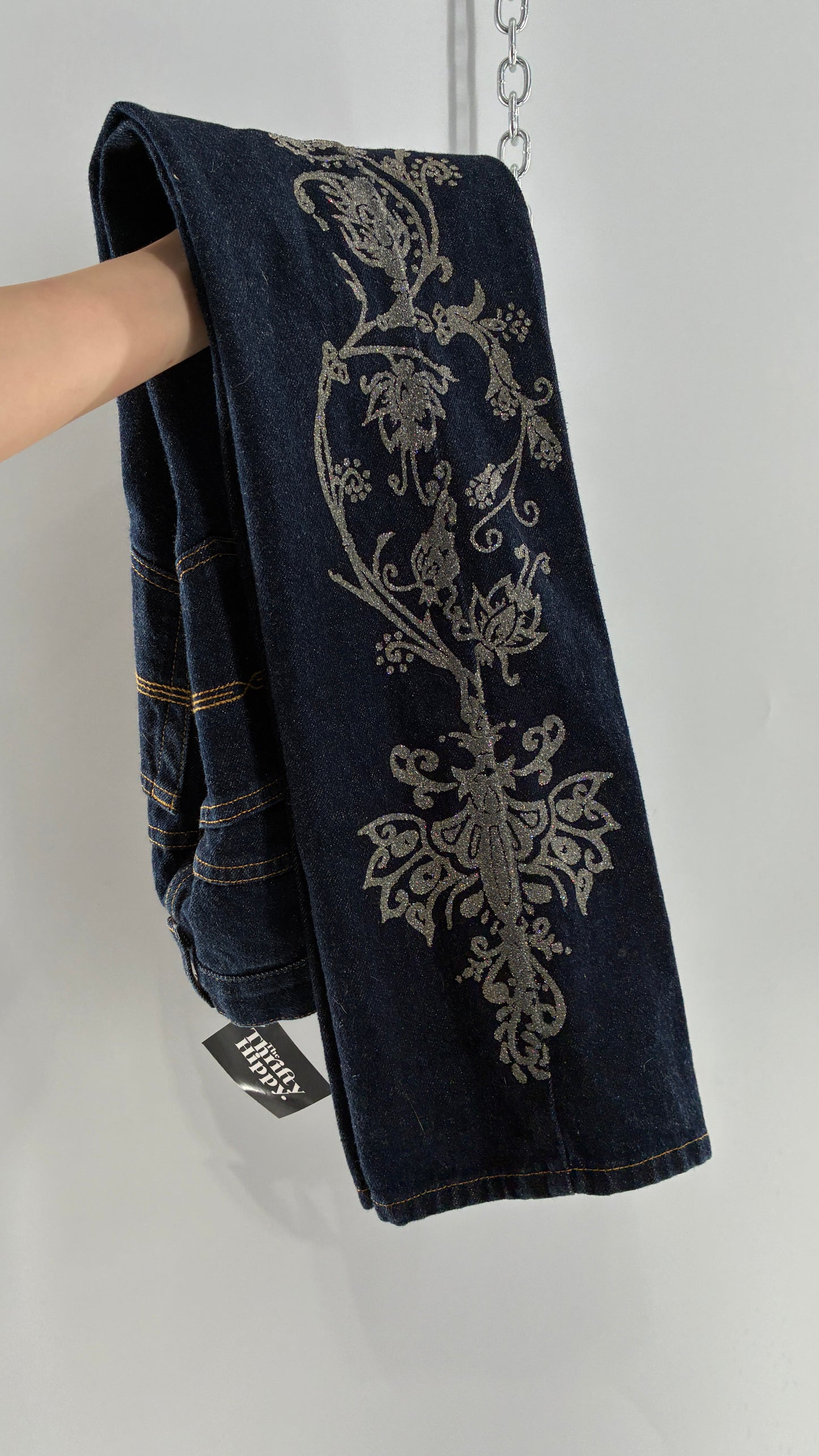 Vintage EXPRESS JEANS Dark Wash with Iridescent, Embellished, Textured Design Running Down Pant Leg (3/4)