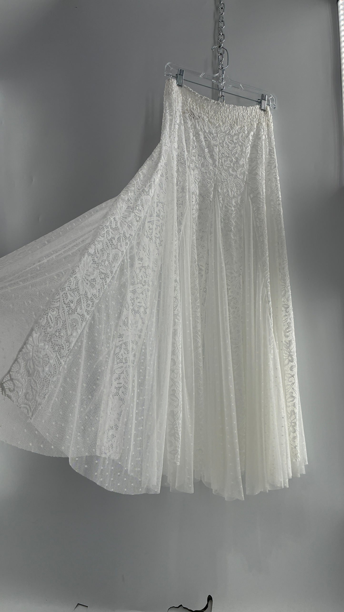Intimately Free People White Lace and Polka Dot Mesh Voluminous Full Length Skirt (Medium)