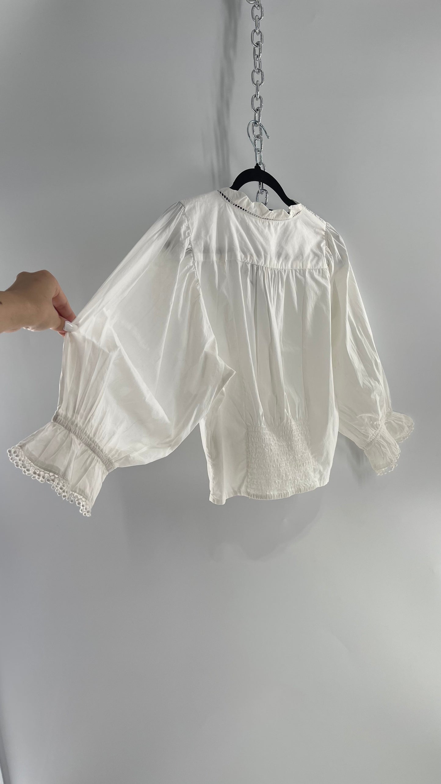 Free People White Puff Sleeve Prairie Blouse with Lace Details (Small)