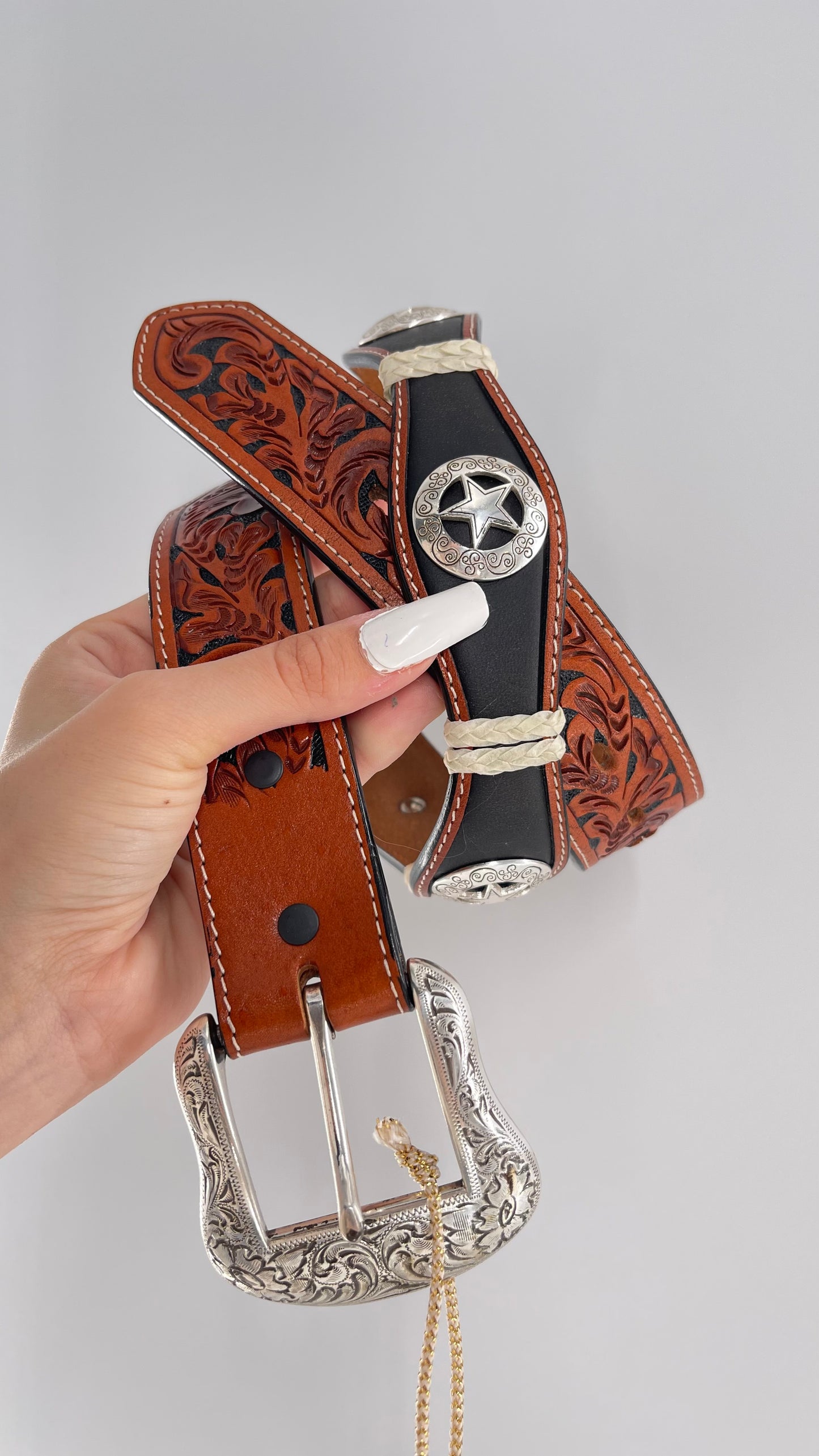 Vintage Ranger Belt Company Genuine Handtooled Leather Metal Stars Embellishments (36)